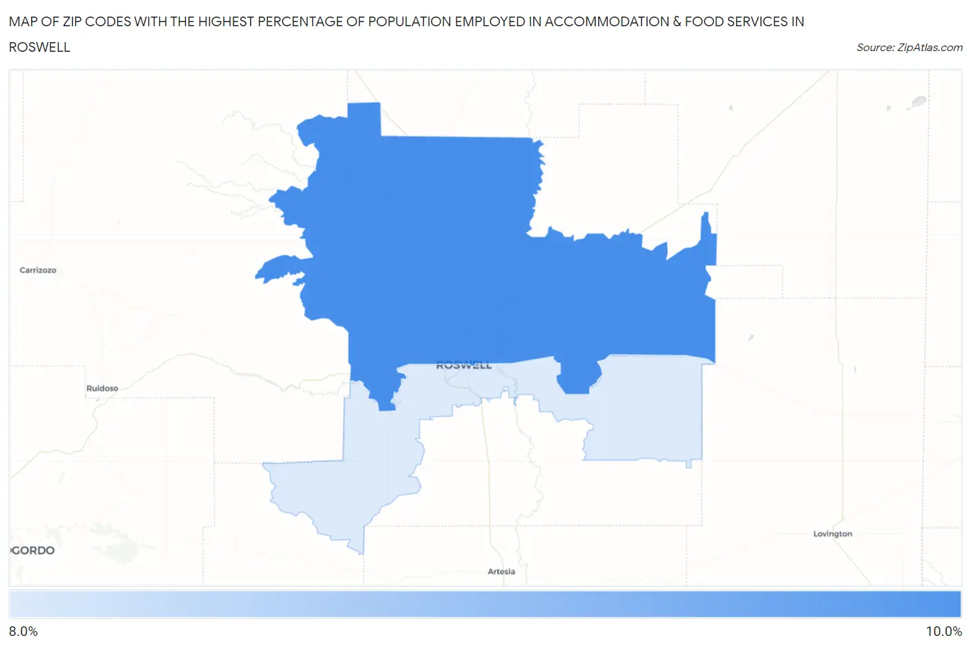 Zip Codes with the Highest Percentage of Population Employed in Accommodation & Food Services in Roswell Map