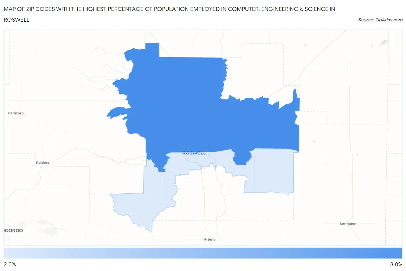 Zip Codes with the Highest Percentage of Population Employed in Computer, Engineering & Science in Roswell Map