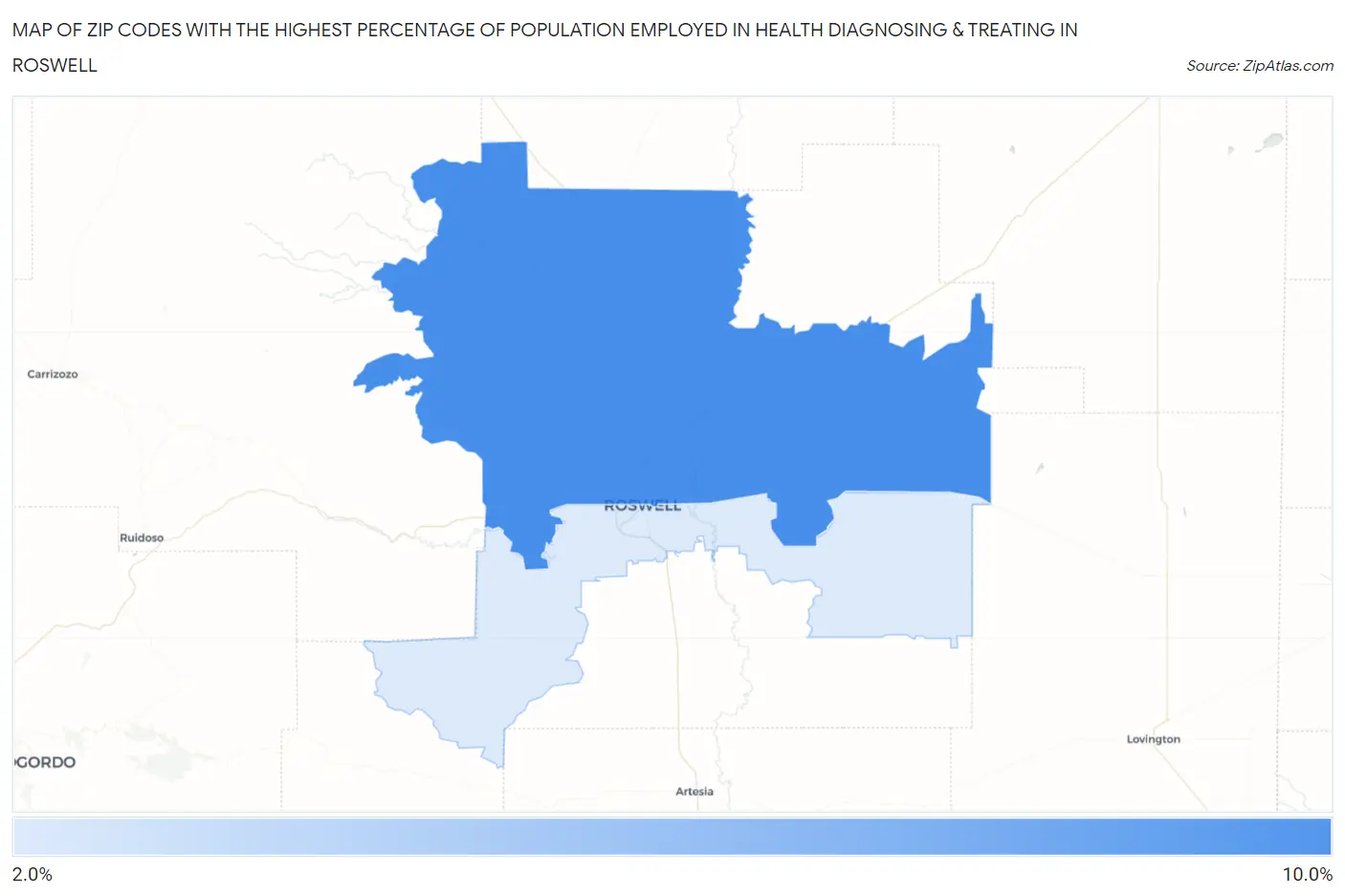 Zip Codes with the Highest Percentage of Population Employed in Health Diagnosing & Treating in Roswell Map