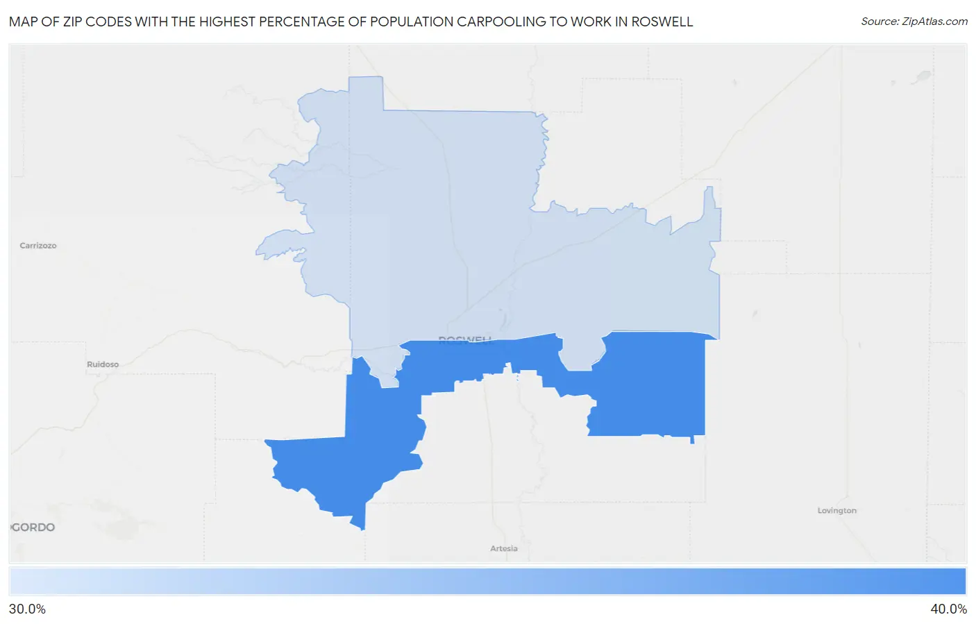 Zip Codes with the Highest Percentage of Population Carpooling to Work in Roswell Map
