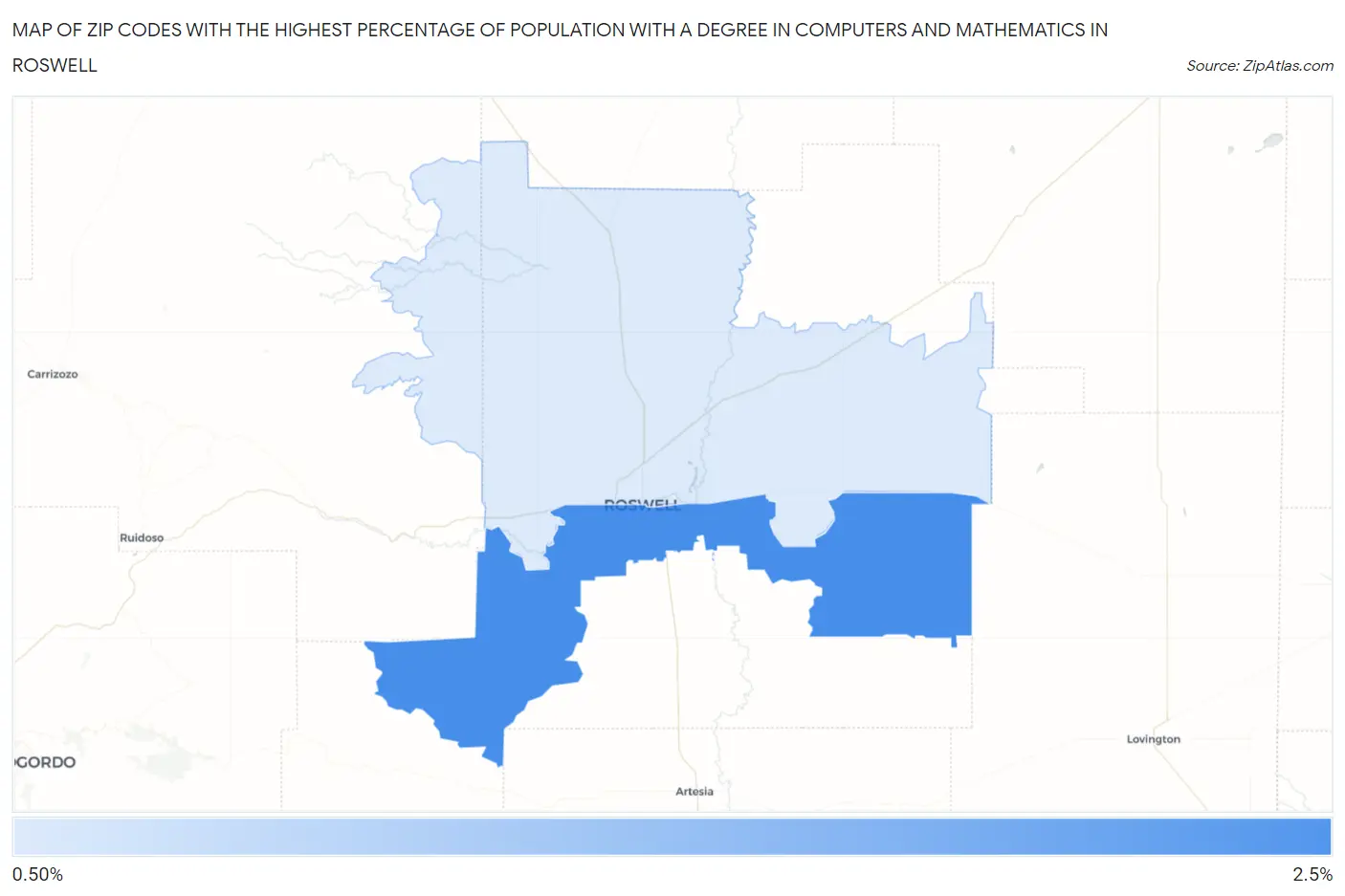 Zip Codes with the Highest Percentage of Population with a Degree in Computers and Mathematics in Roswell Map