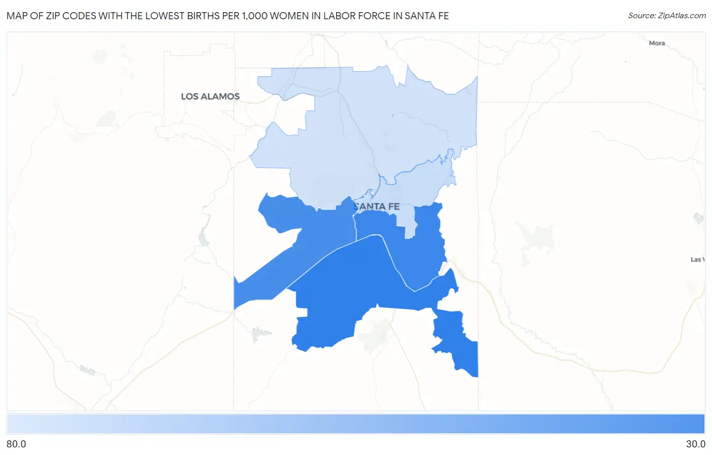 Zip Codes with the Lowest Births per 1,000 Women in Labor Force in Santa Fe Map