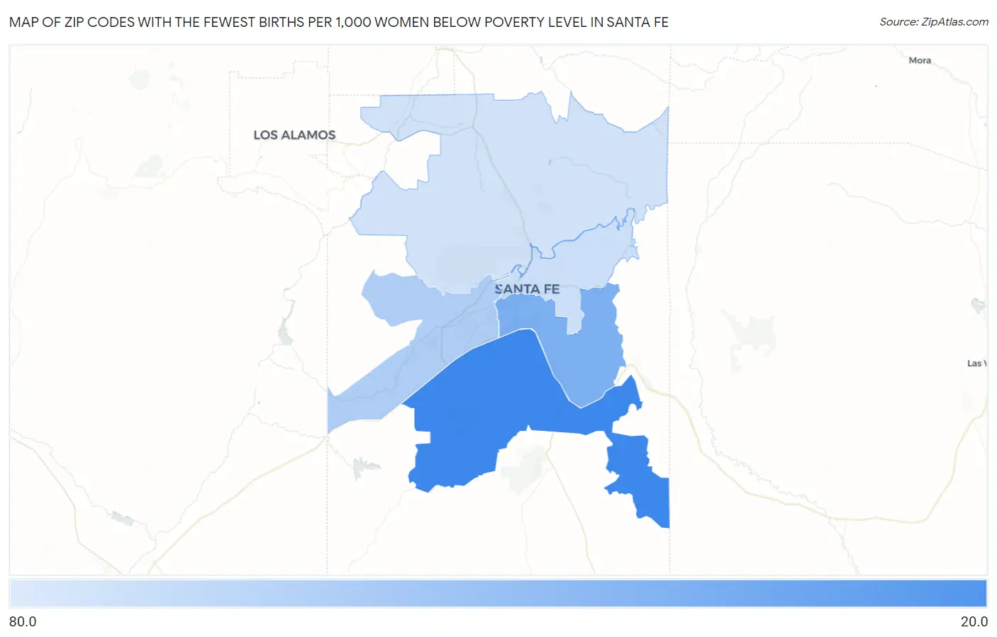 Zip Codes with the Fewest Births per 1,000 Women Below Poverty Level in Santa Fe Map