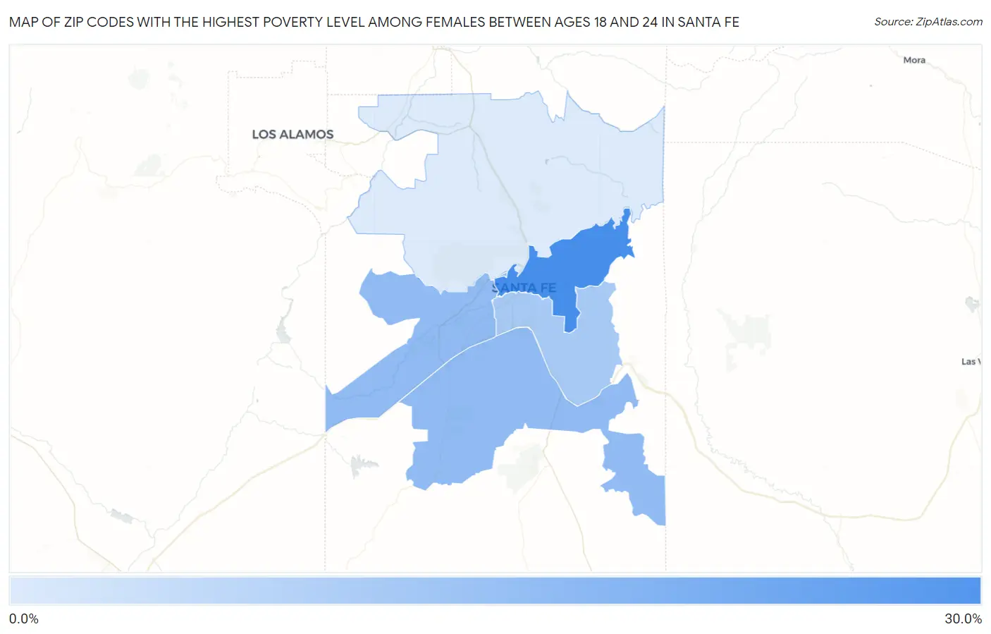 Zip Codes with the Highest Poverty Level Among Females Between Ages 18 and 24 in Santa Fe Map