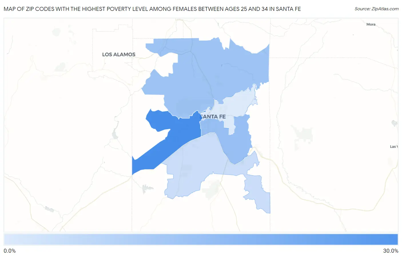 Zip Codes with the Highest Poverty Level Among Females Between Ages 25 and 34 in Santa Fe Map