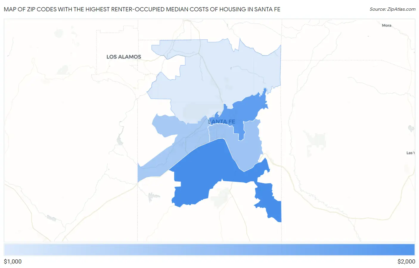 Zip Codes with the Highest Renter-Occupied Median Costs of Housing in Santa Fe Map