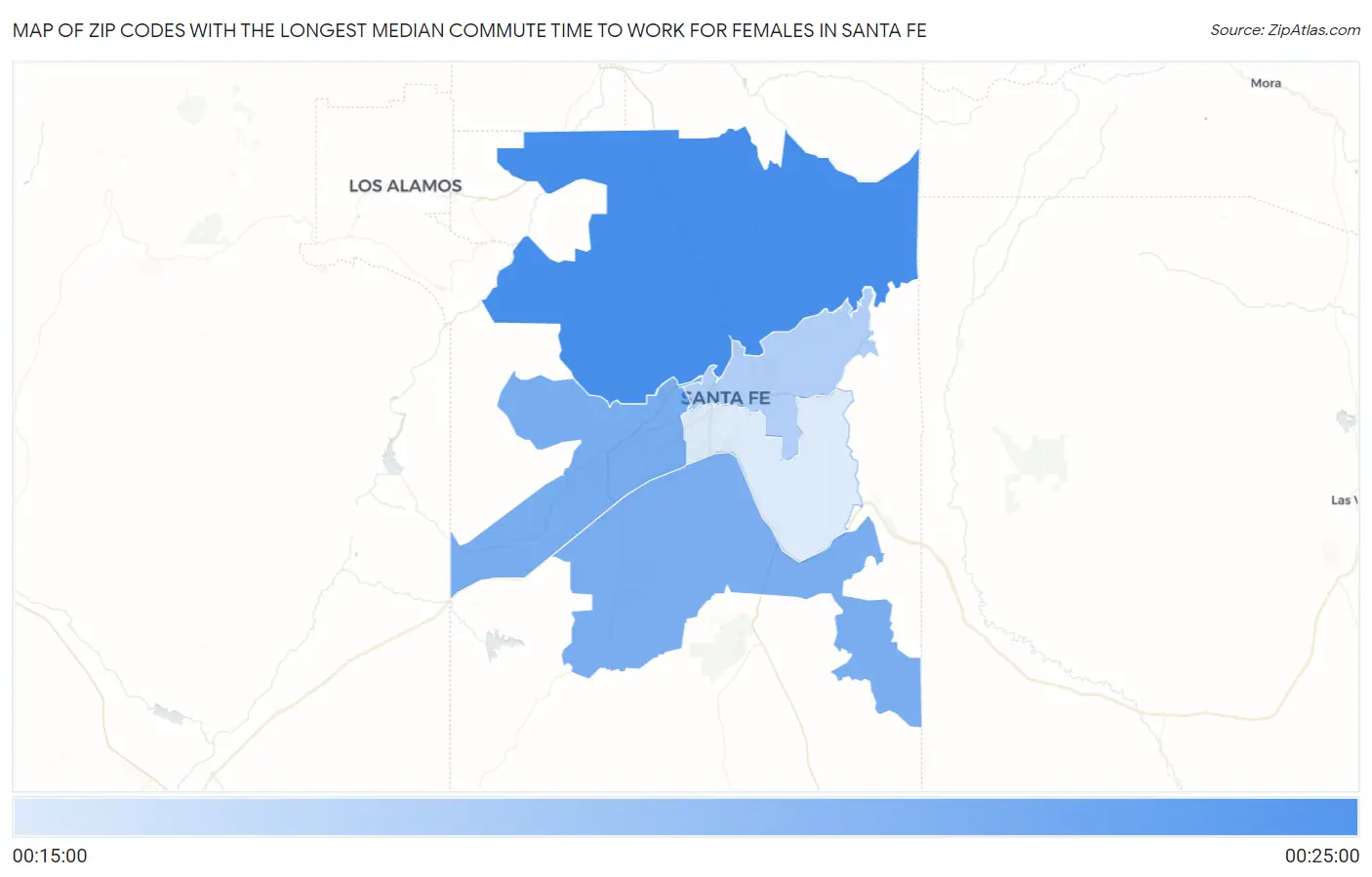 Zip Codes with the Longest Median Commute Time to Work for Females in Santa Fe Map