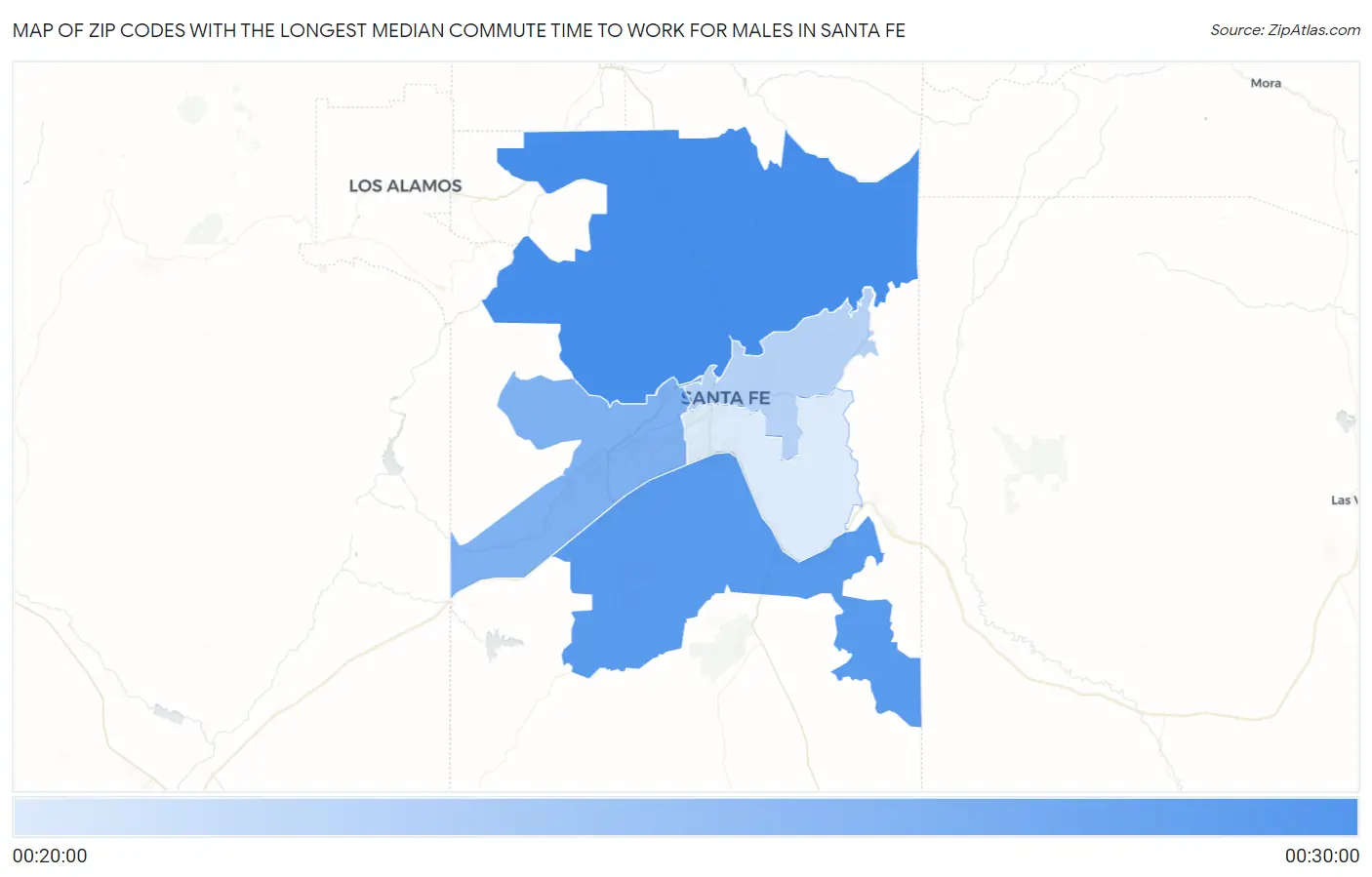 Zip Codes with the Longest Median Commute Time to Work for Males in Santa Fe Map