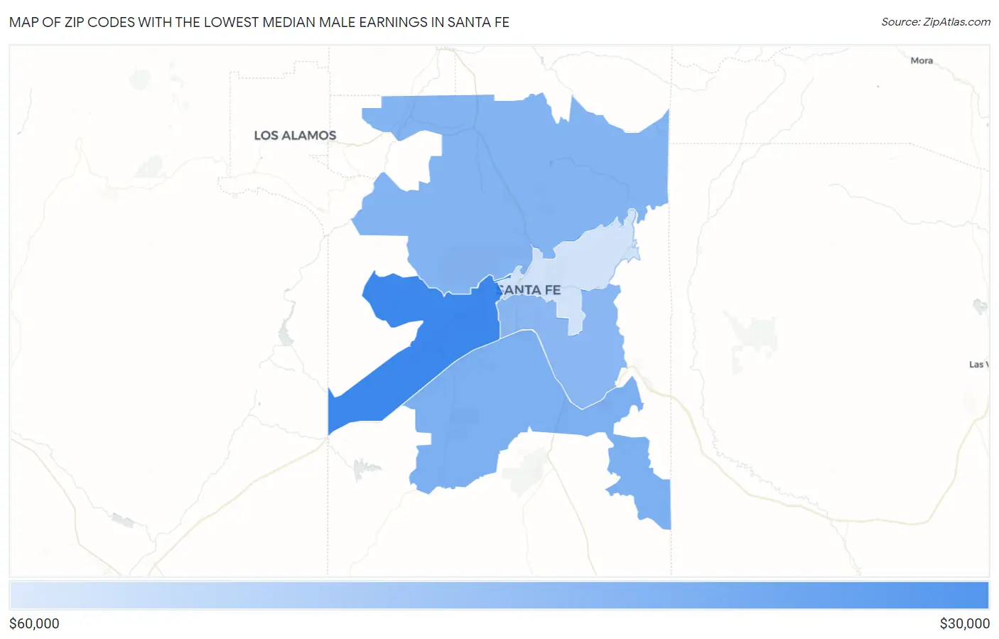 Zip Codes with the Lowest Median Male Earnings in Santa Fe Map