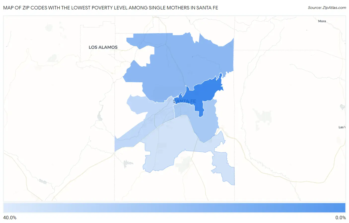 Zip Codes with the Lowest Poverty Level Among Single Mothers in Santa Fe Map