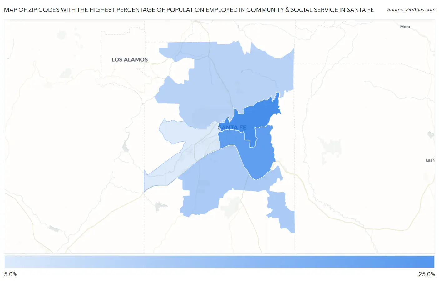 Zip Codes with the Highest Percentage of Population Employed in Community & Social Service  in Santa Fe Map