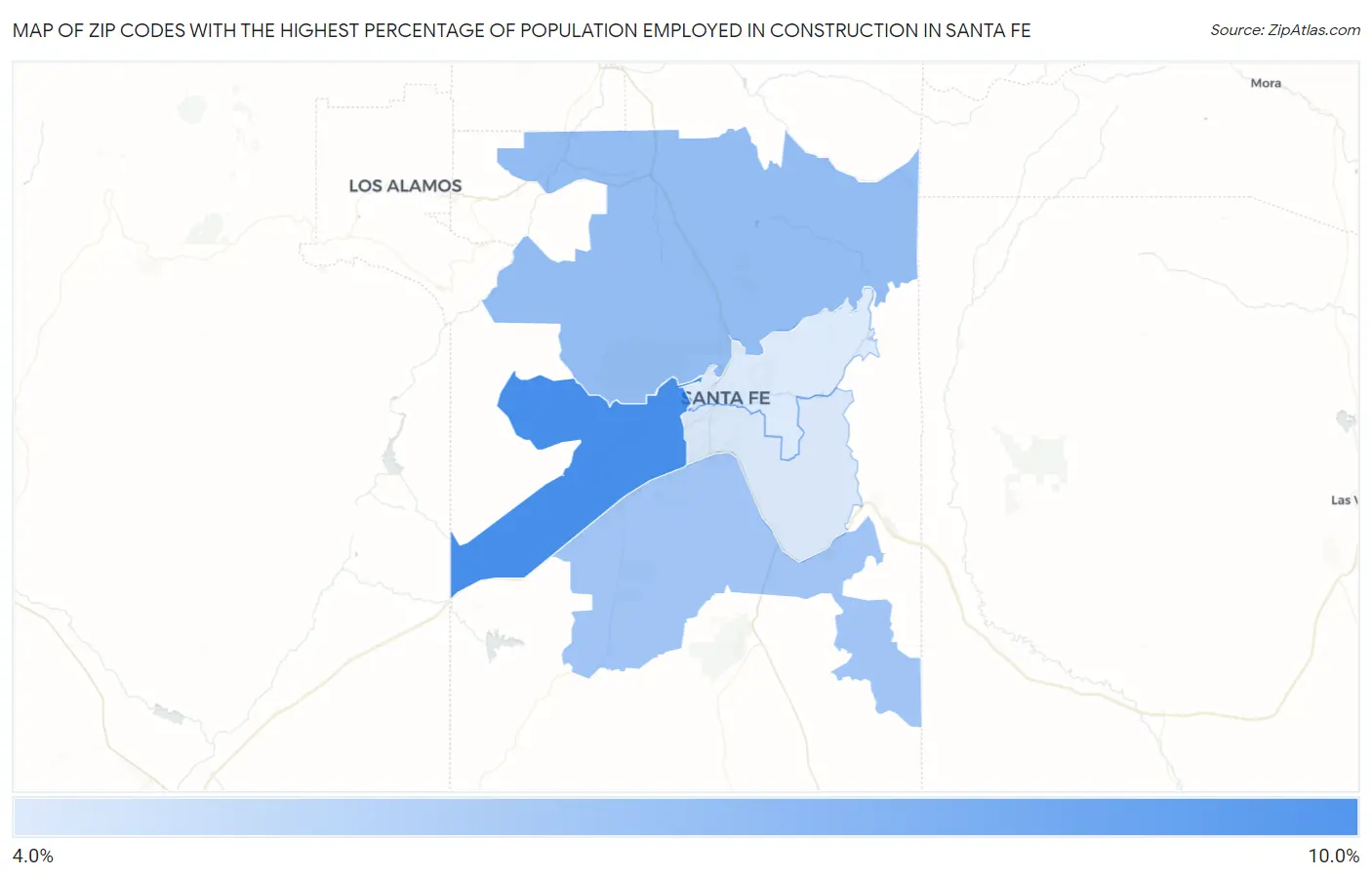 Zip Codes with the Highest Percentage of Population Employed in Construction in Santa Fe Map