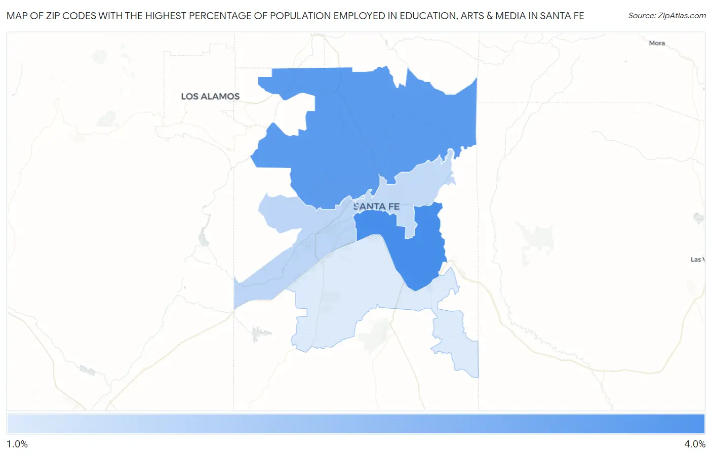 Zip Codes with the Highest Percentage of Population Employed in Education, Arts & Media in Santa Fe Map