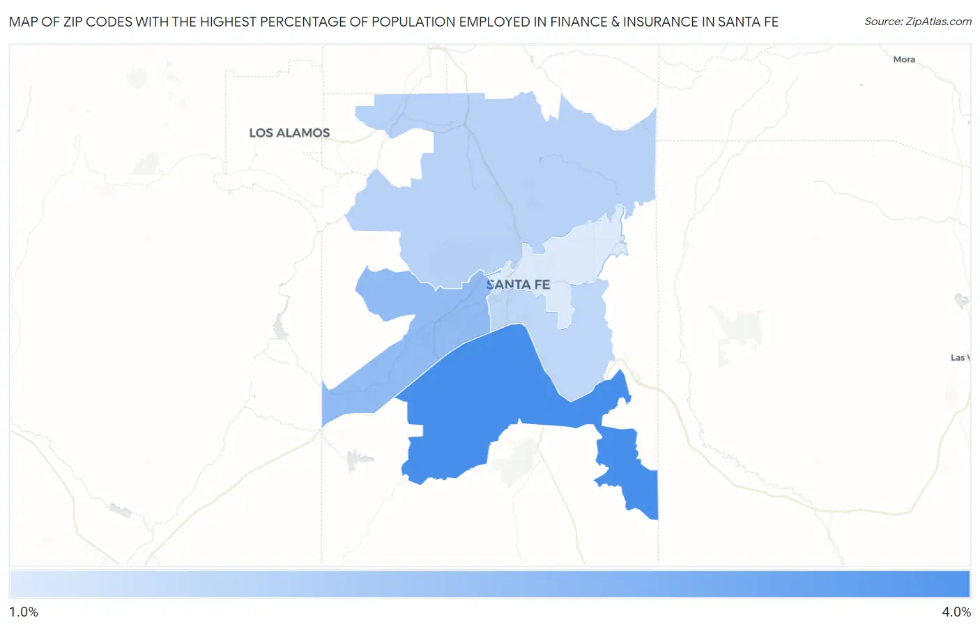 Zip Codes with the Highest Percentage of Population Employed in Finance & Insurance in Santa Fe Map