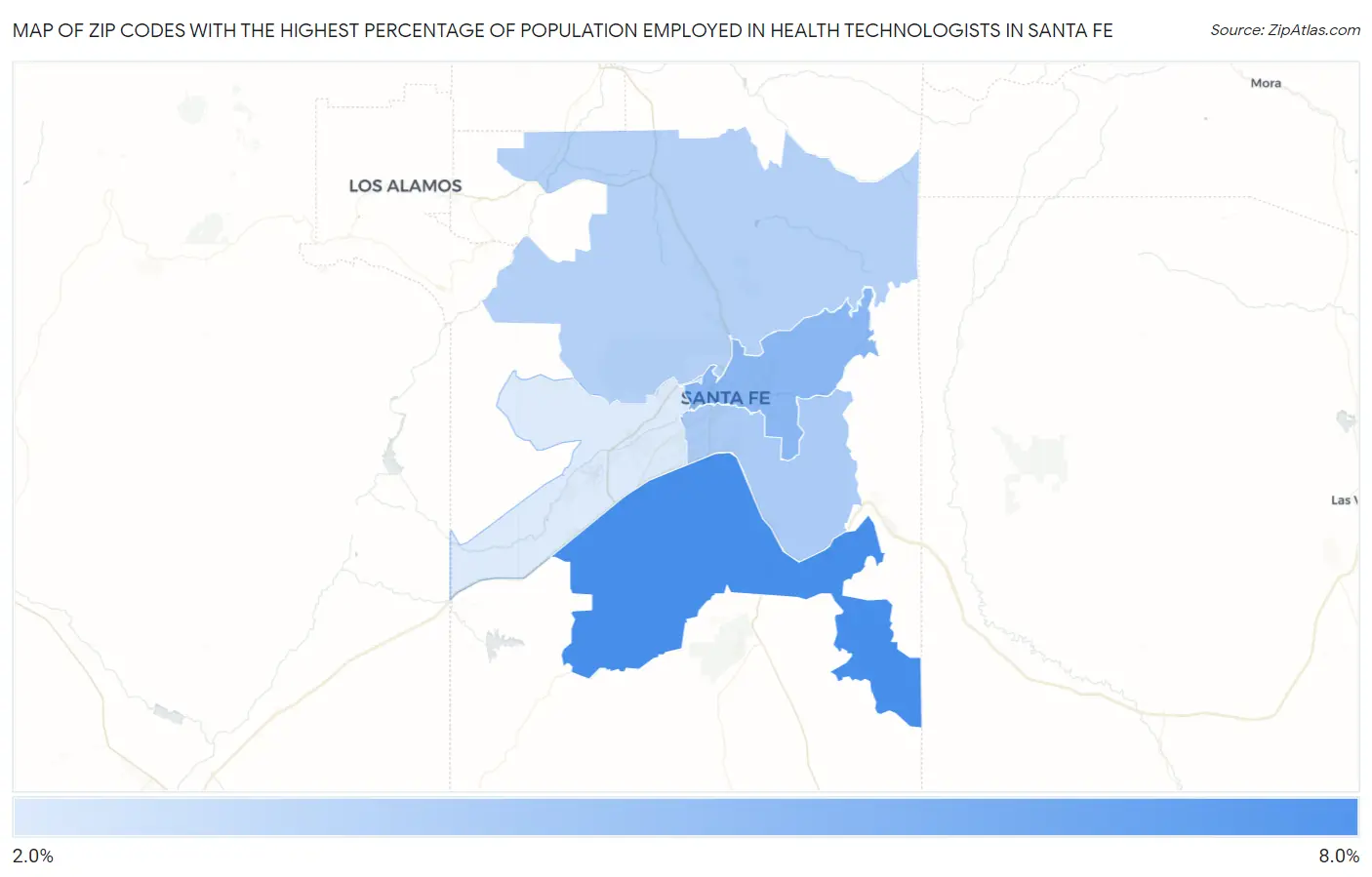 Zip Codes with the Highest Percentage of Population Employed in Health Technologists in Santa Fe Map
