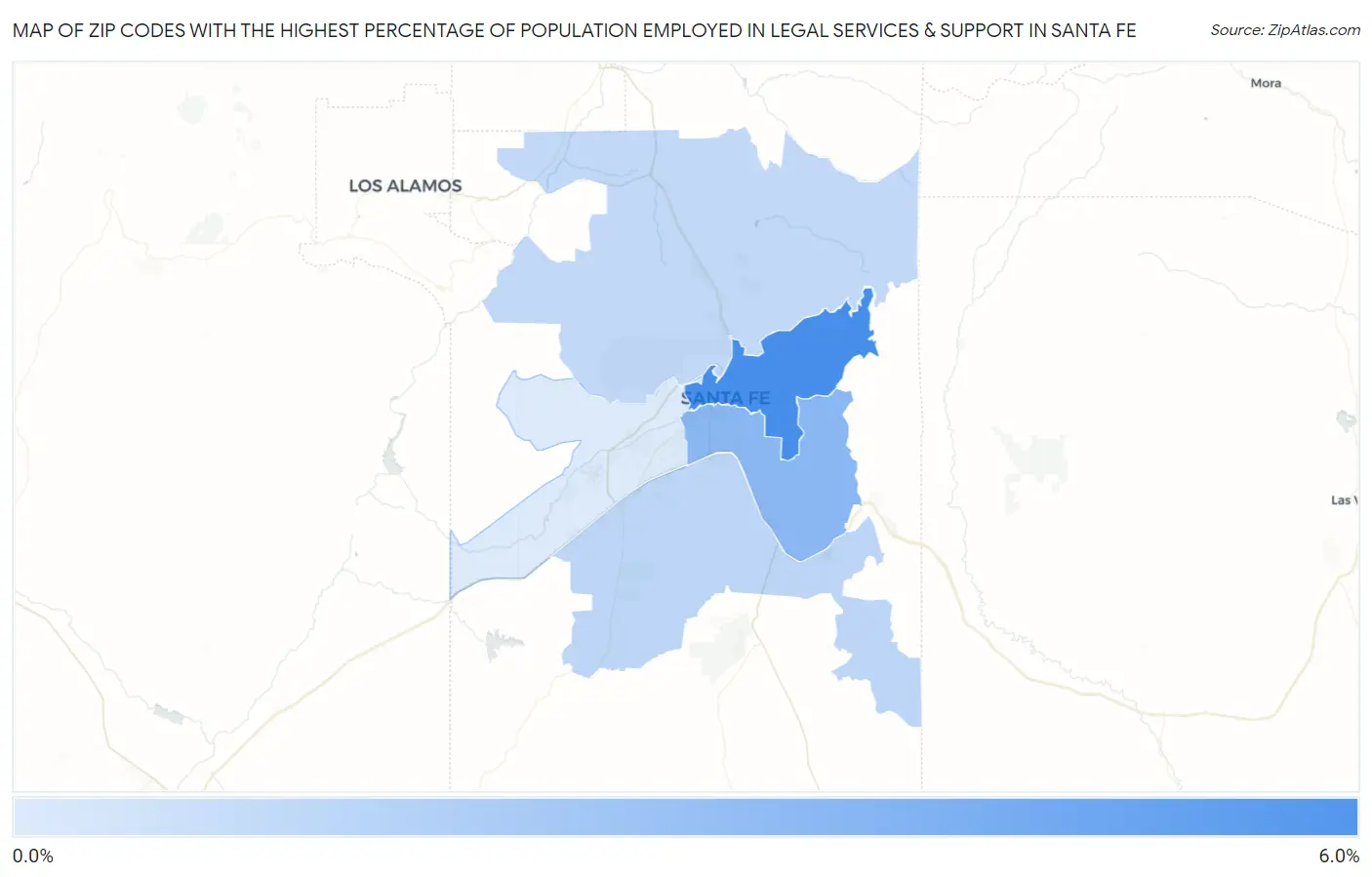 Zip Codes with the Highest Percentage of Population Employed in Legal Services & Support in Santa Fe Map