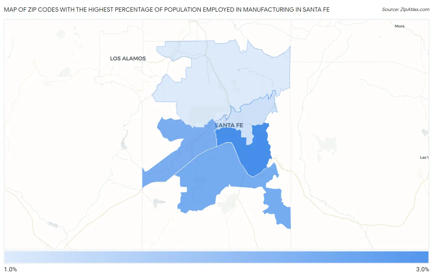 Zip Codes with the Highest Percentage of Population Employed in Manufacturing in Santa Fe Map