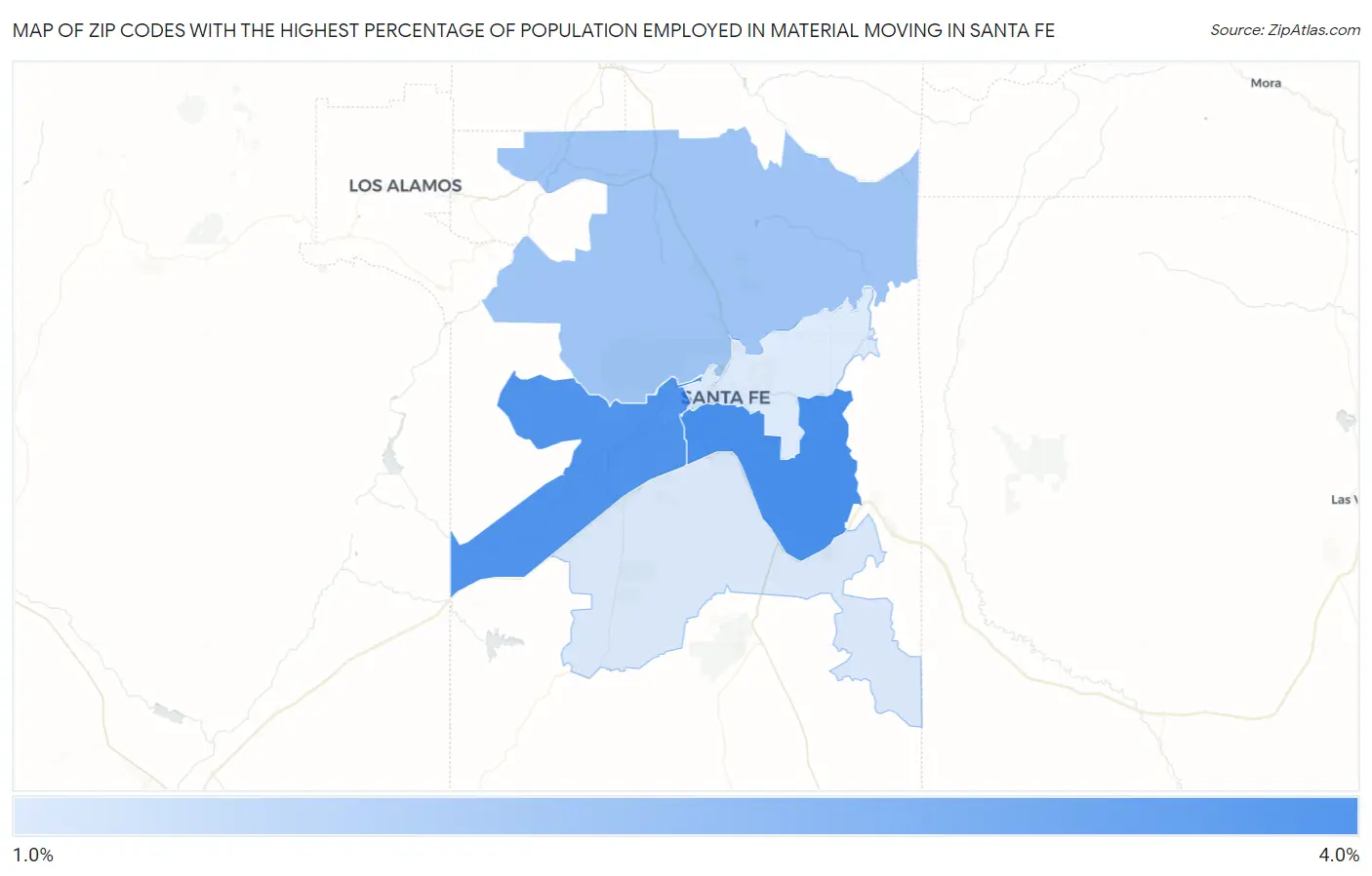 Zip Codes with the Highest Percentage of Population Employed in Material Moving in Santa Fe Map