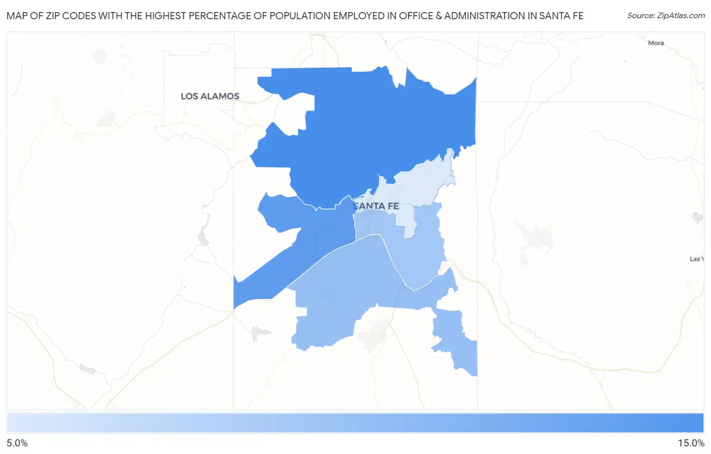 Zip Codes with the Highest Percentage of Population Employed in Office & Administration in Santa Fe Map