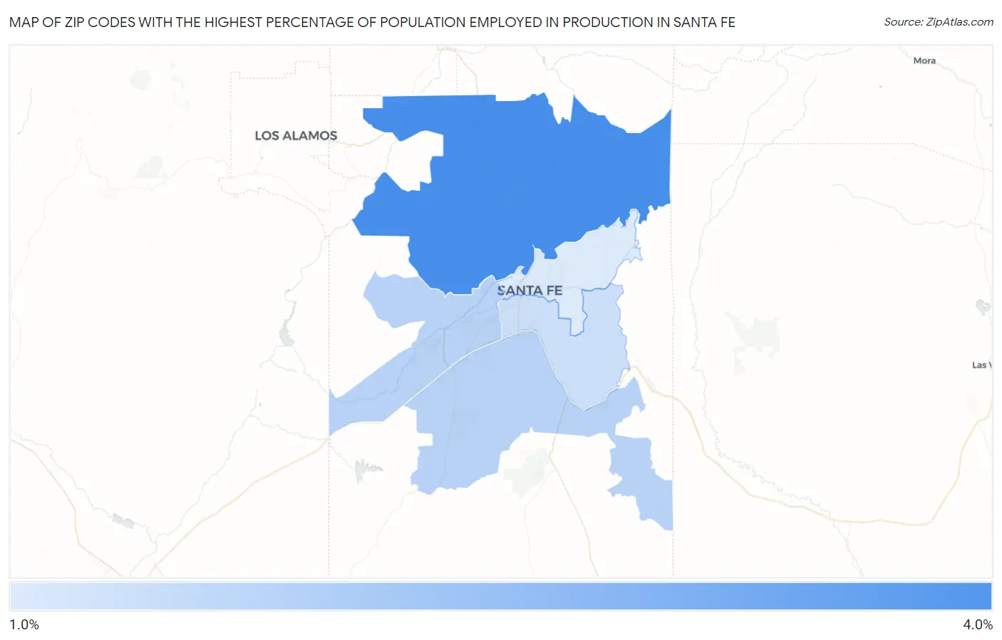 Zip Codes with the Highest Percentage of Population Employed in Production in Santa Fe Map