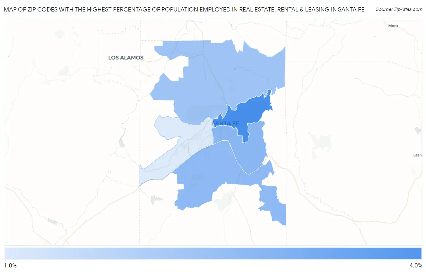 Zip Codes with the Highest Percentage of Population Employed in Real Estate, Rental & Leasing in Santa Fe Map