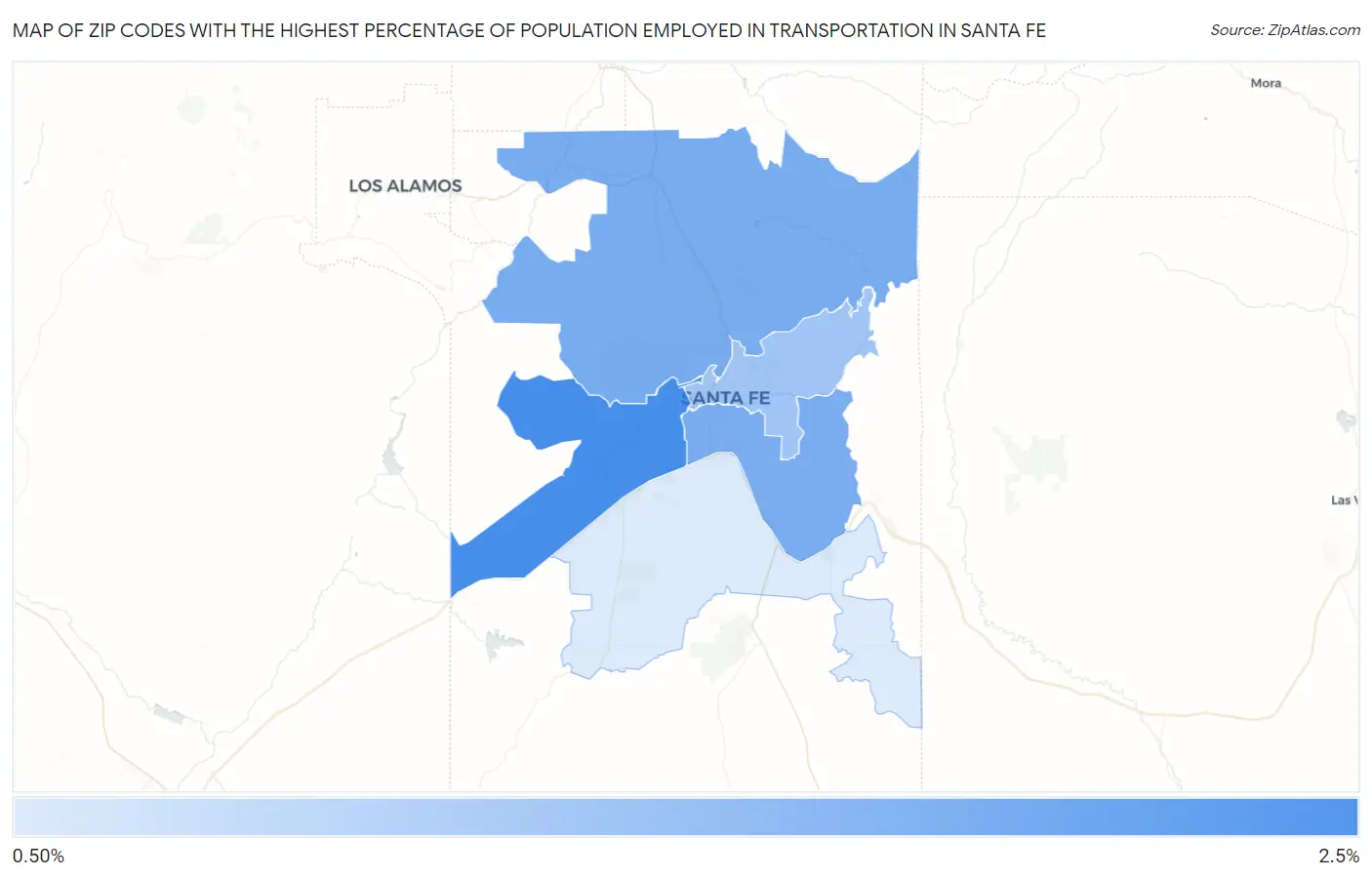 Zip Codes with the Highest Percentage of Population Employed in Transportation in Santa Fe Map