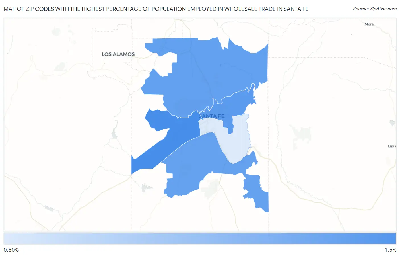 Zip Codes with the Highest Percentage of Population Employed in Wholesale Trade in Santa Fe Map