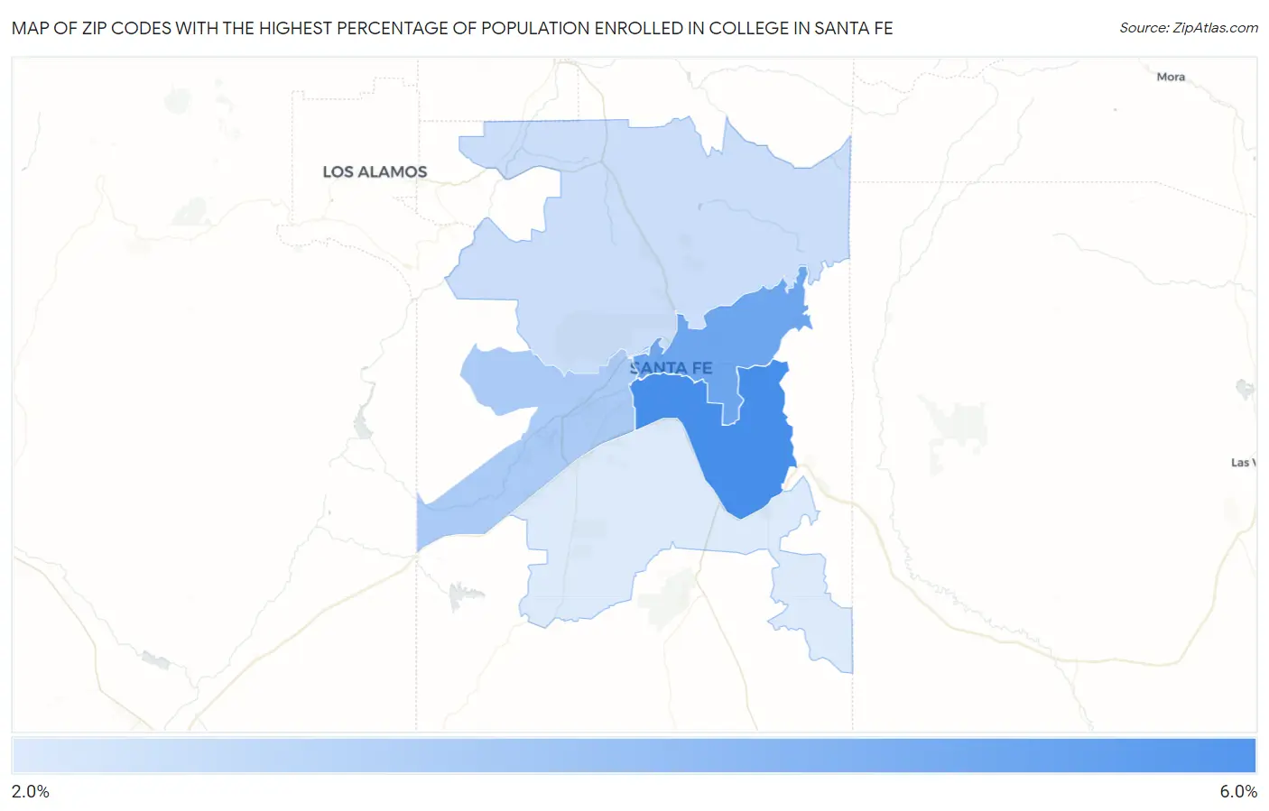 Zip Codes with the Highest Percentage of Population Enrolled in College in Santa Fe Map