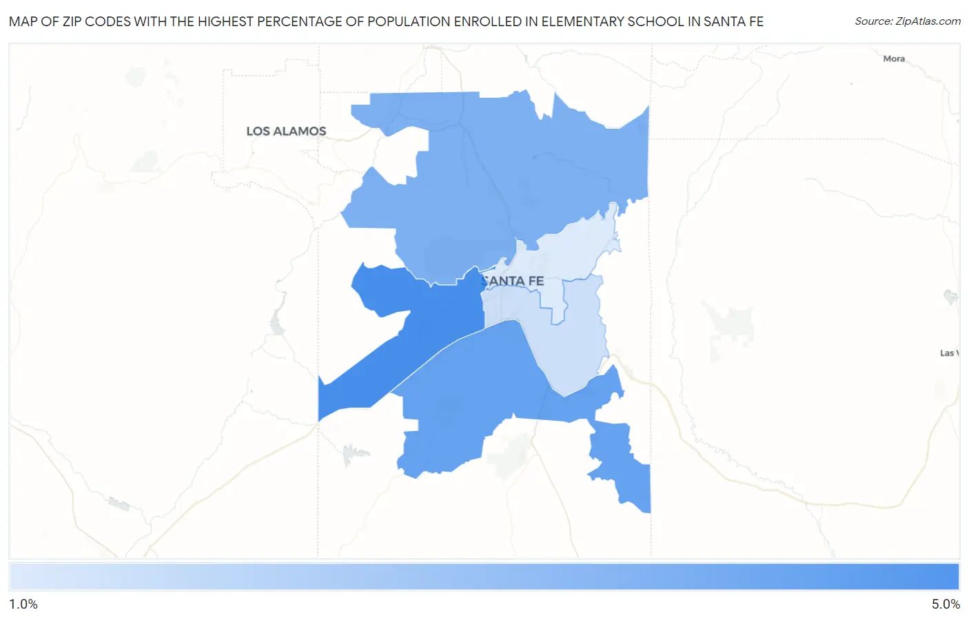 Zip Codes with the Highest Percentage of Population Enrolled in Elementary School in Santa Fe Map