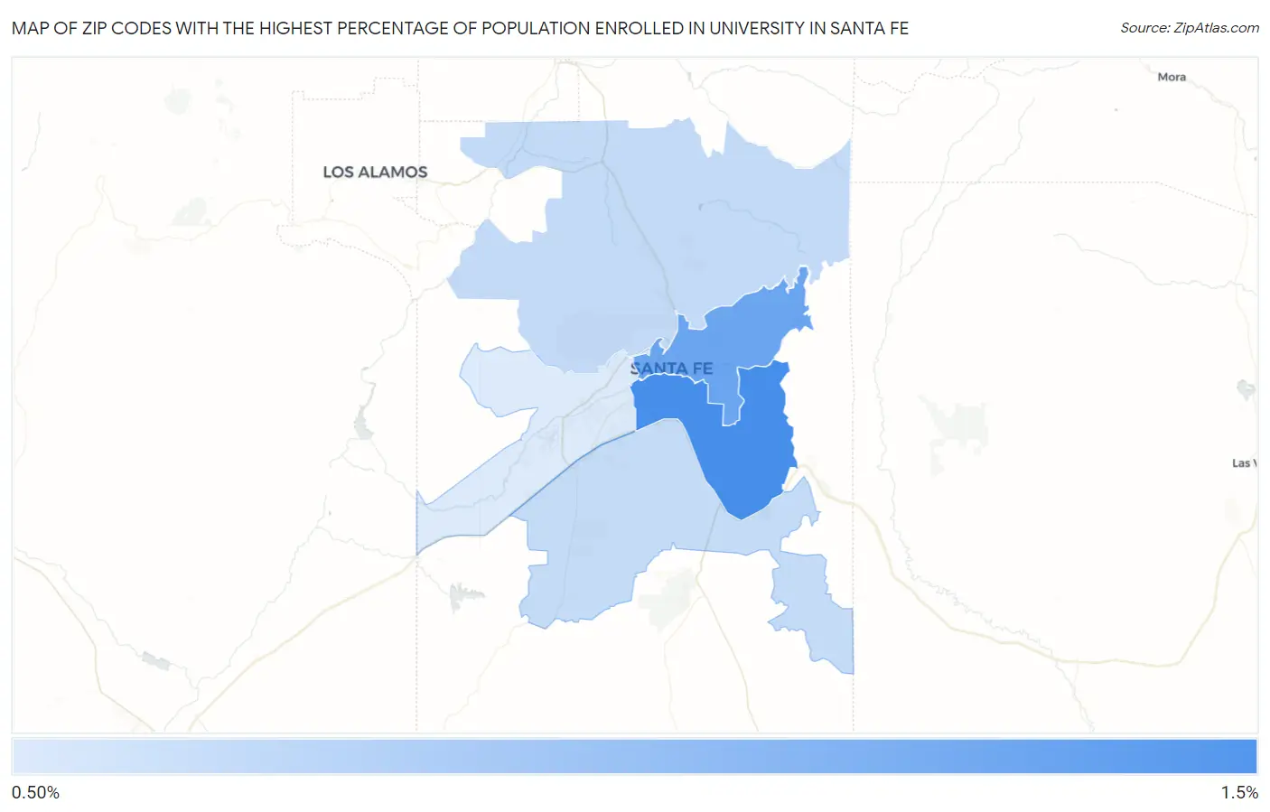 Zip Codes with the Highest Percentage of Population Enrolled in University in Santa Fe Map