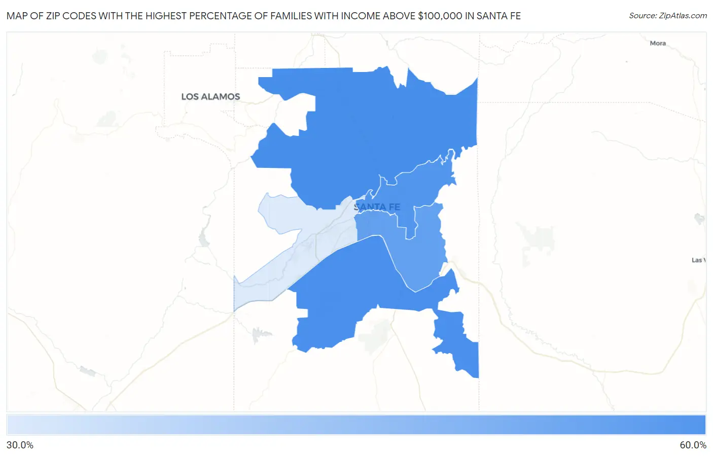 Zip Codes with the Highest Percentage of Families with Income Above $100,000 in Santa Fe Map