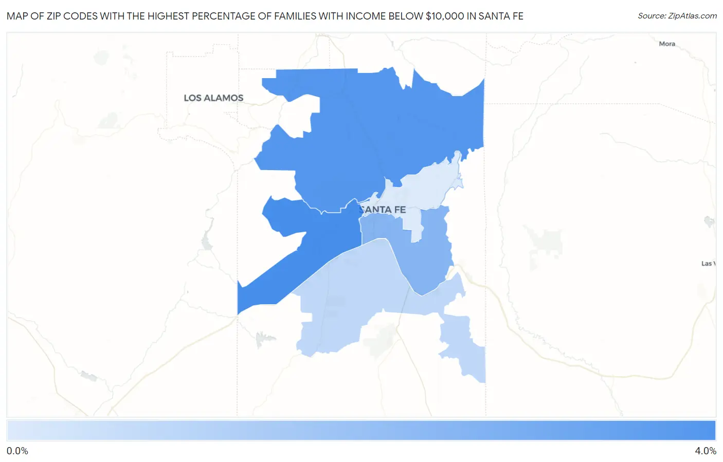 Zip Codes with the Highest Percentage of Families with Income Below $10,000 in Santa Fe Map