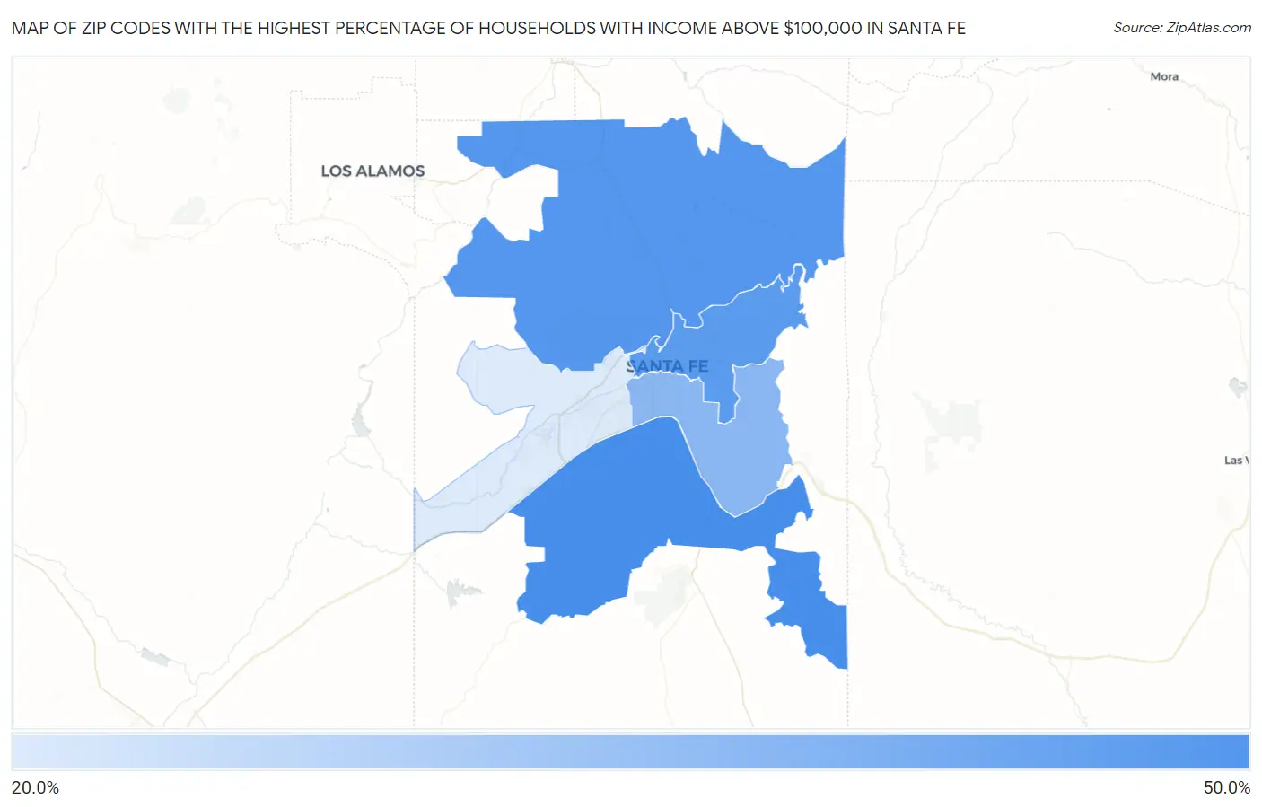 Zip Codes with the Highest Percentage of Households with Income Above $100,000 in Santa Fe Map
