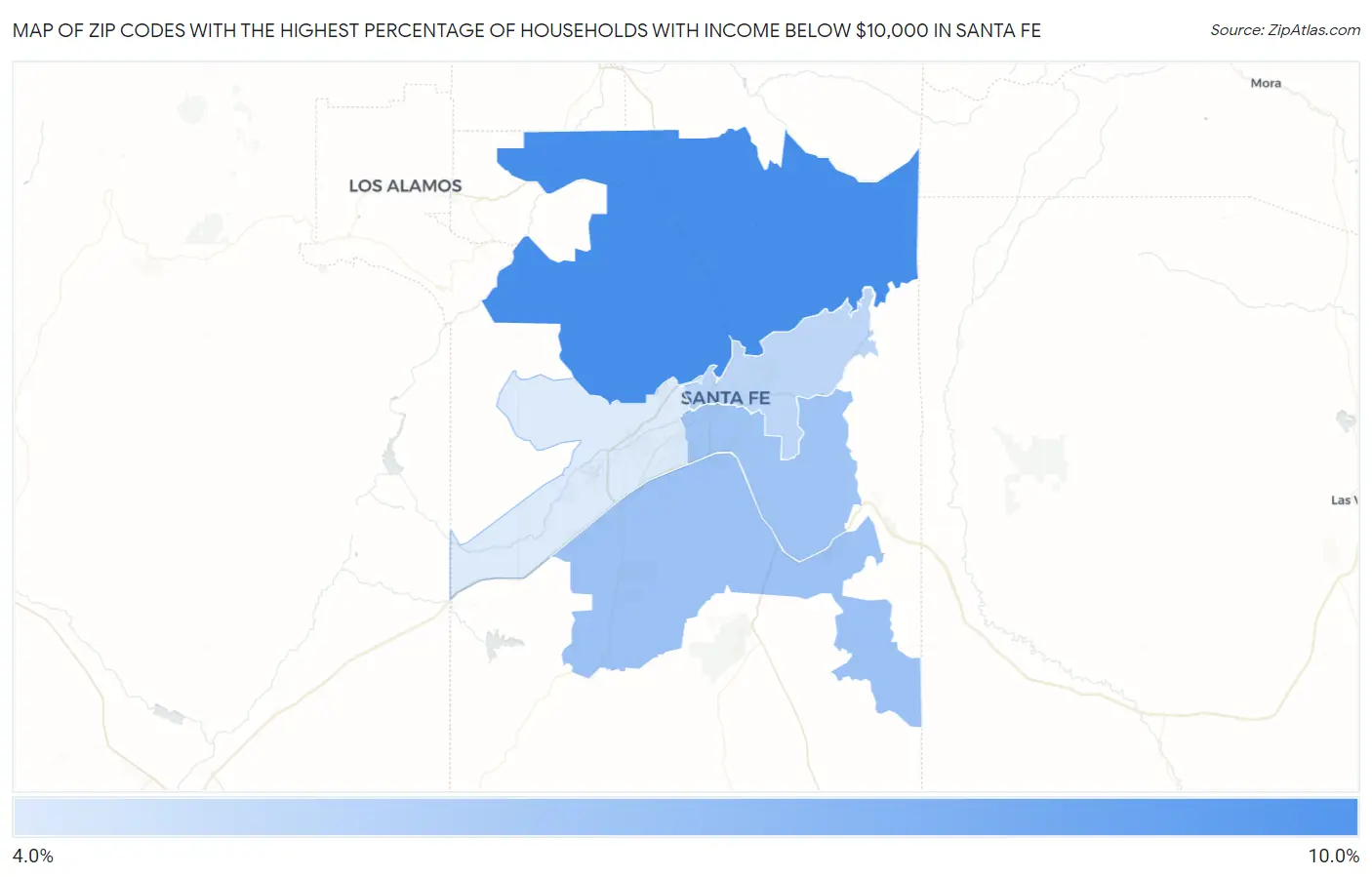 Zip Codes with the Highest Percentage of Households with Income Below $10,000 in Santa Fe Map