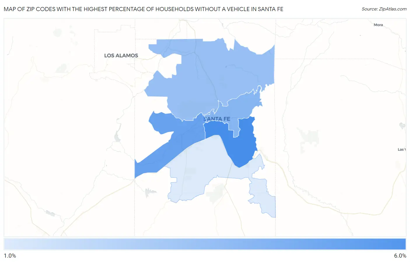 Zip Codes with the Highest Percentage of Households Without a Vehicle in Santa Fe Map