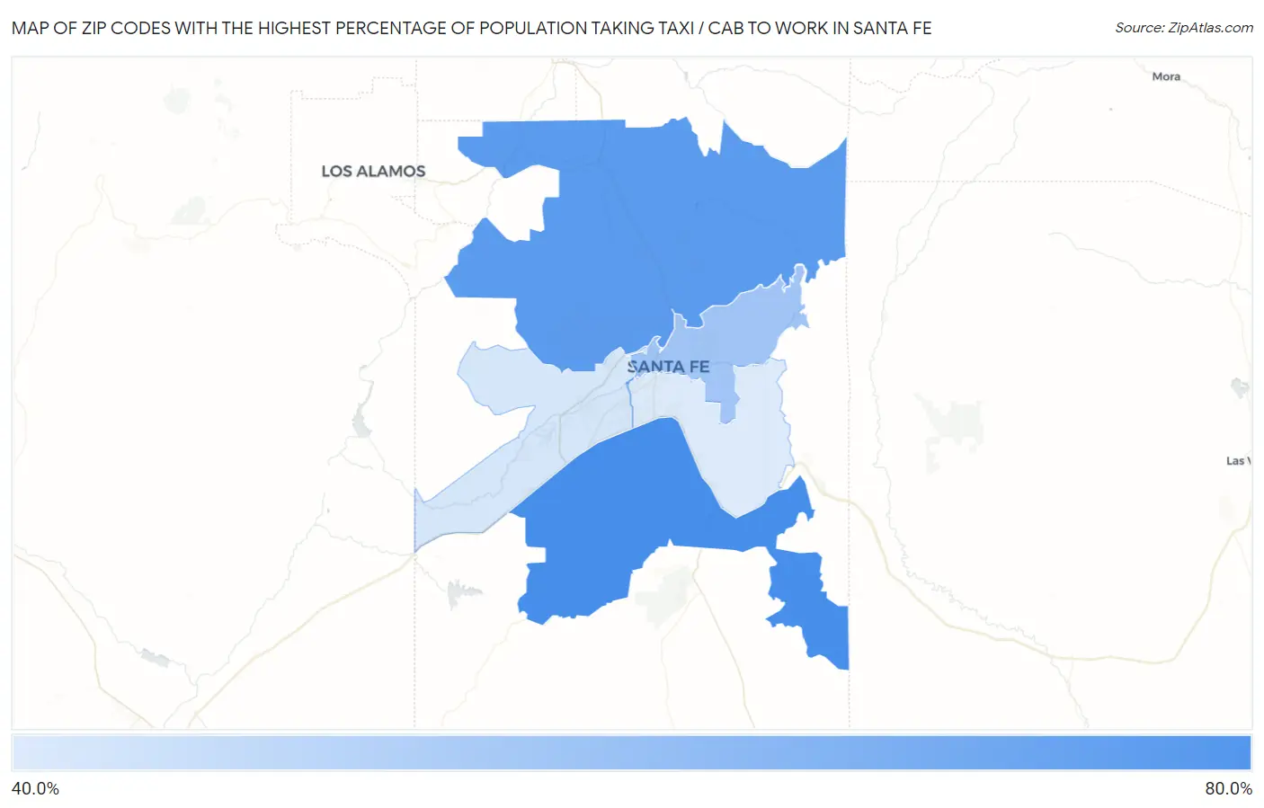 Zip Codes with the Highest Percentage of Population Taking Taxi / Cab to Work in Santa Fe Map