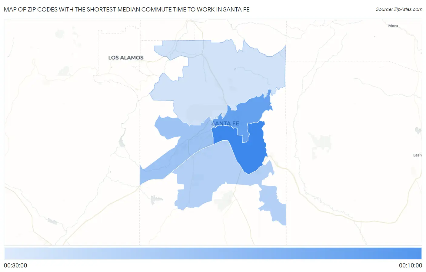 Zip Codes with the Shortest Median Commute Time to Work in Santa Fe Map