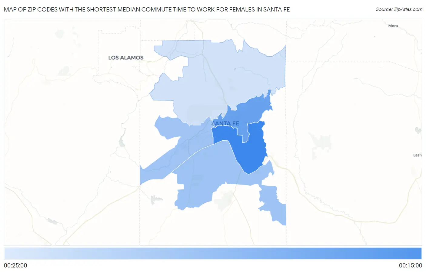 Zip Codes with the Shortest Median Commute Time to Work for Females in Santa Fe Map