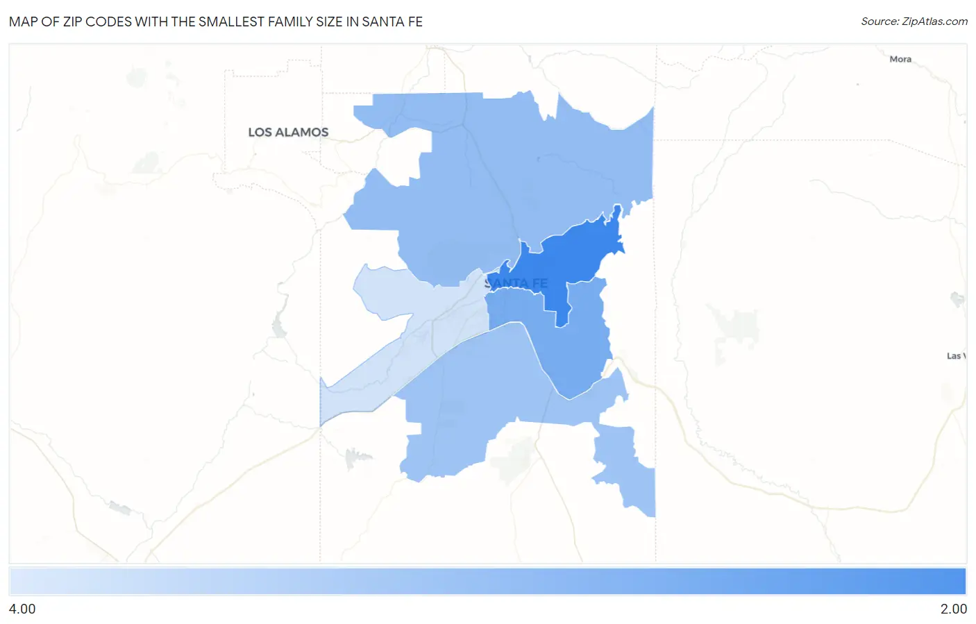 Zip Codes with the Smallest Family Size in Santa Fe Map