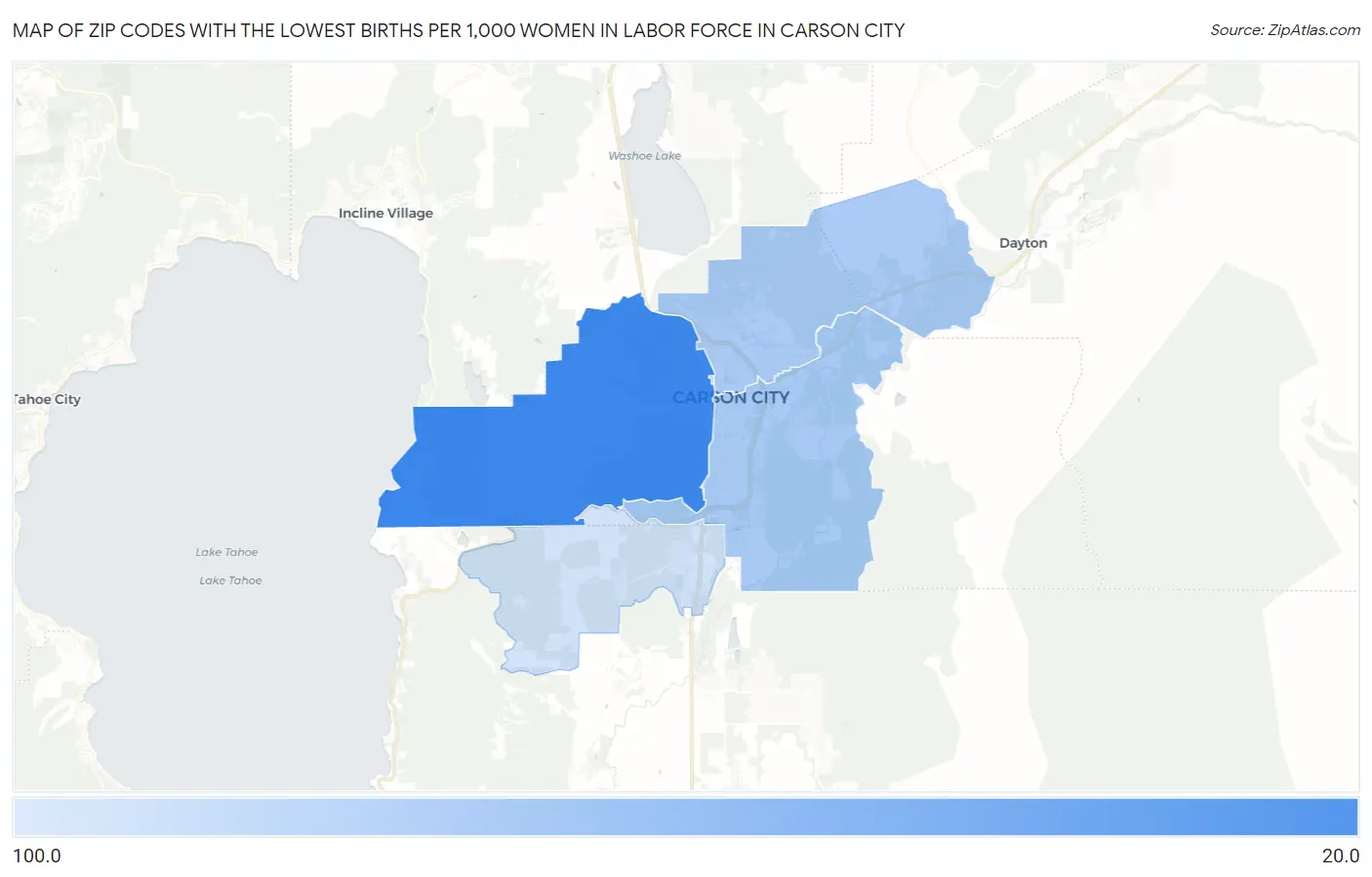 Zip Codes with the Lowest Births per 1,000 Women in Labor Force in Carson City Map