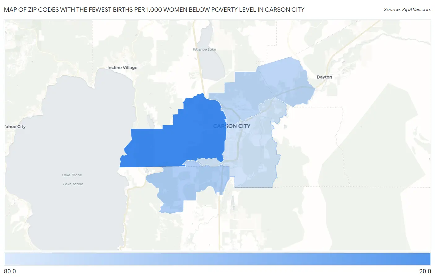 Zip Codes with the Fewest Births per 1,000 Women Below Poverty Level in Carson City Map