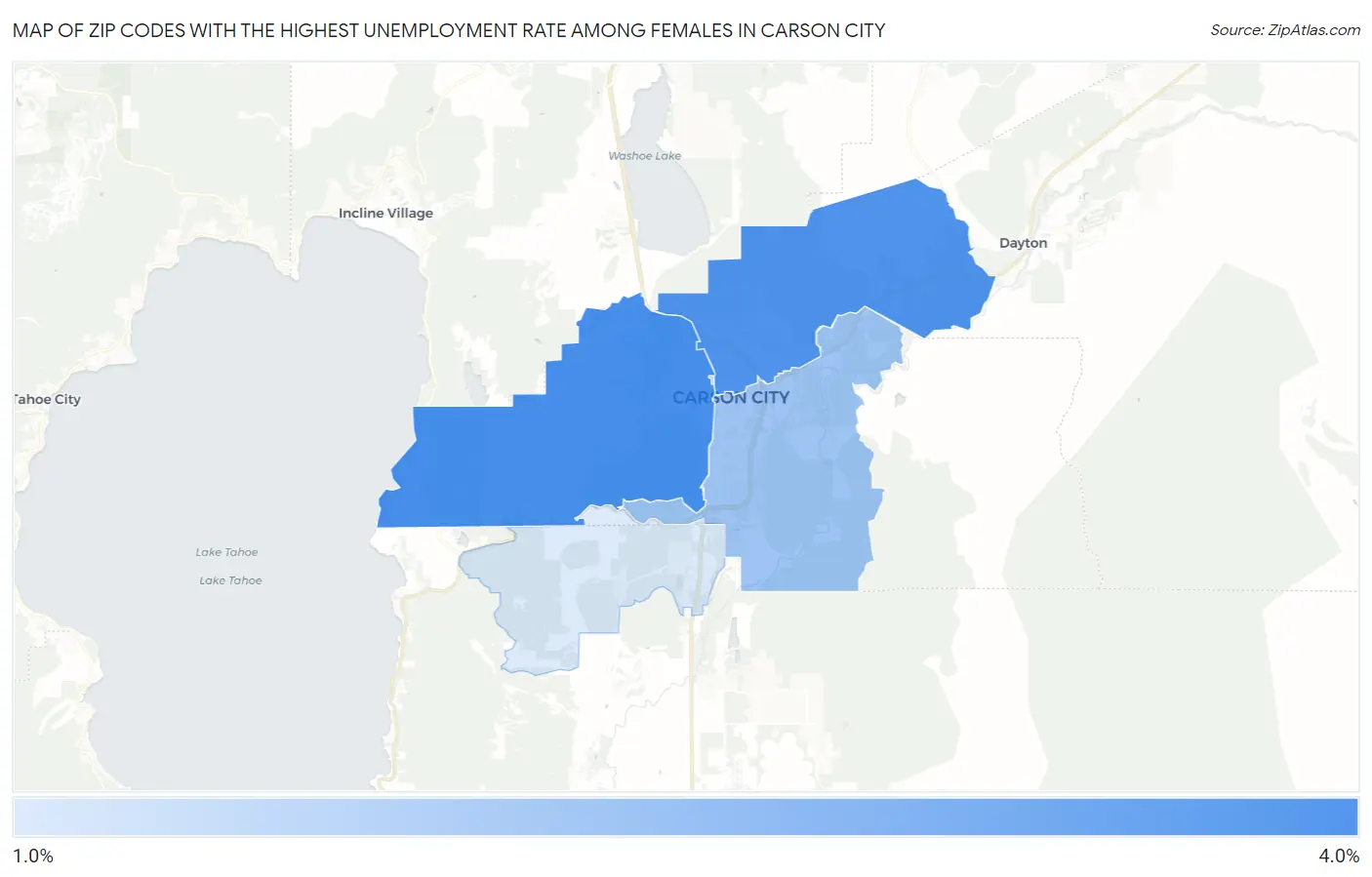Zip Codes with the Highest Unemployment Rate Among Females in Carson City Map