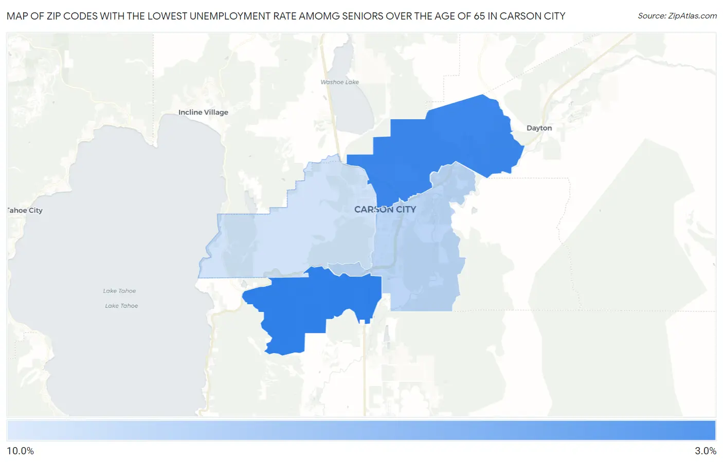 Zip Codes with the Lowest Unemployment Rate Amomg Seniors Over the Age of 65 in Carson City Map