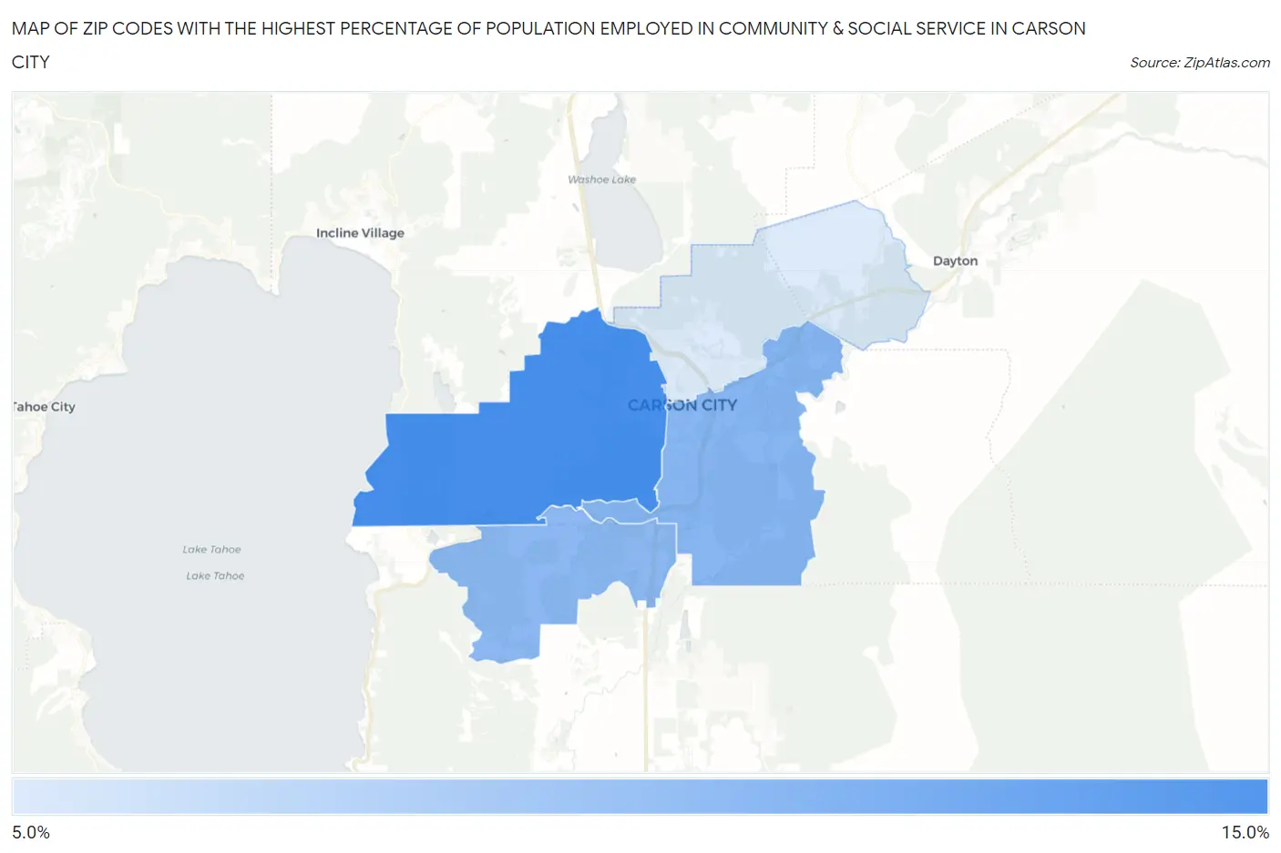 Zip Codes with the Highest Percentage of Population Employed in Community & Social Service  in Carson City Map