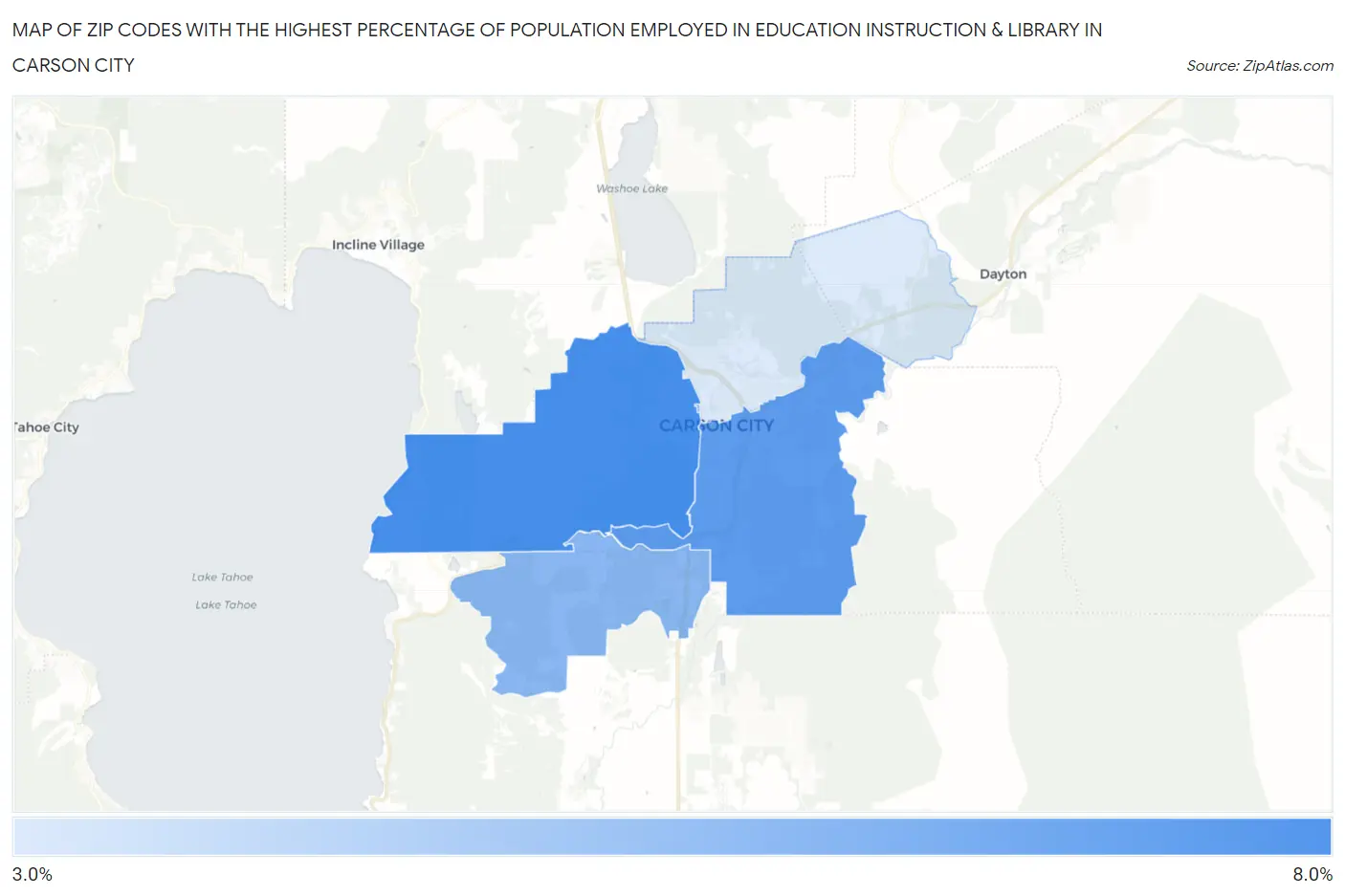 Zip Codes with the Highest Percentage of Population Employed in Education Instruction & Library in Carson City Map