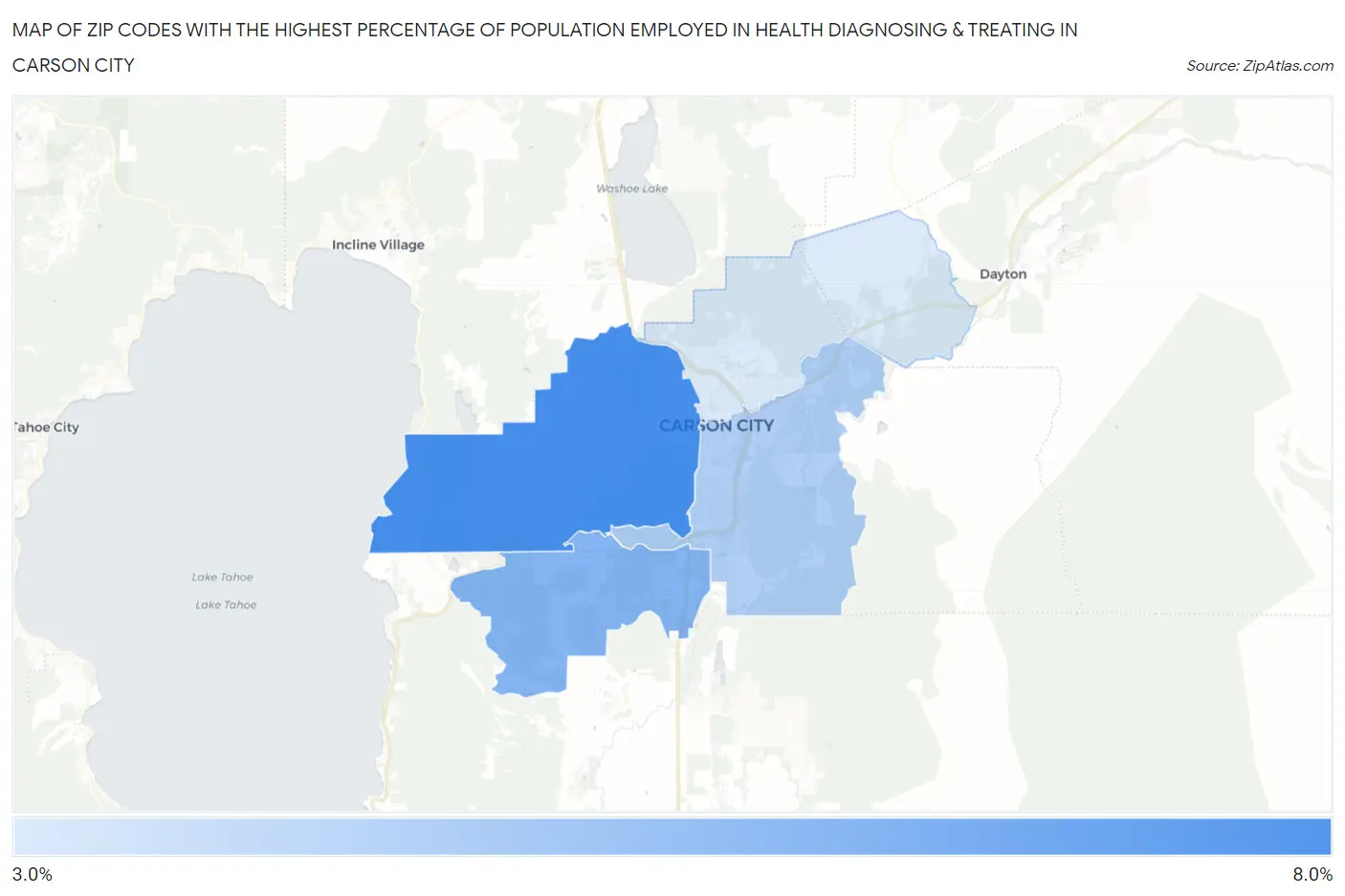 Zip Codes with the Highest Percentage of Population Employed in Health Diagnosing & Treating in Carson City Map