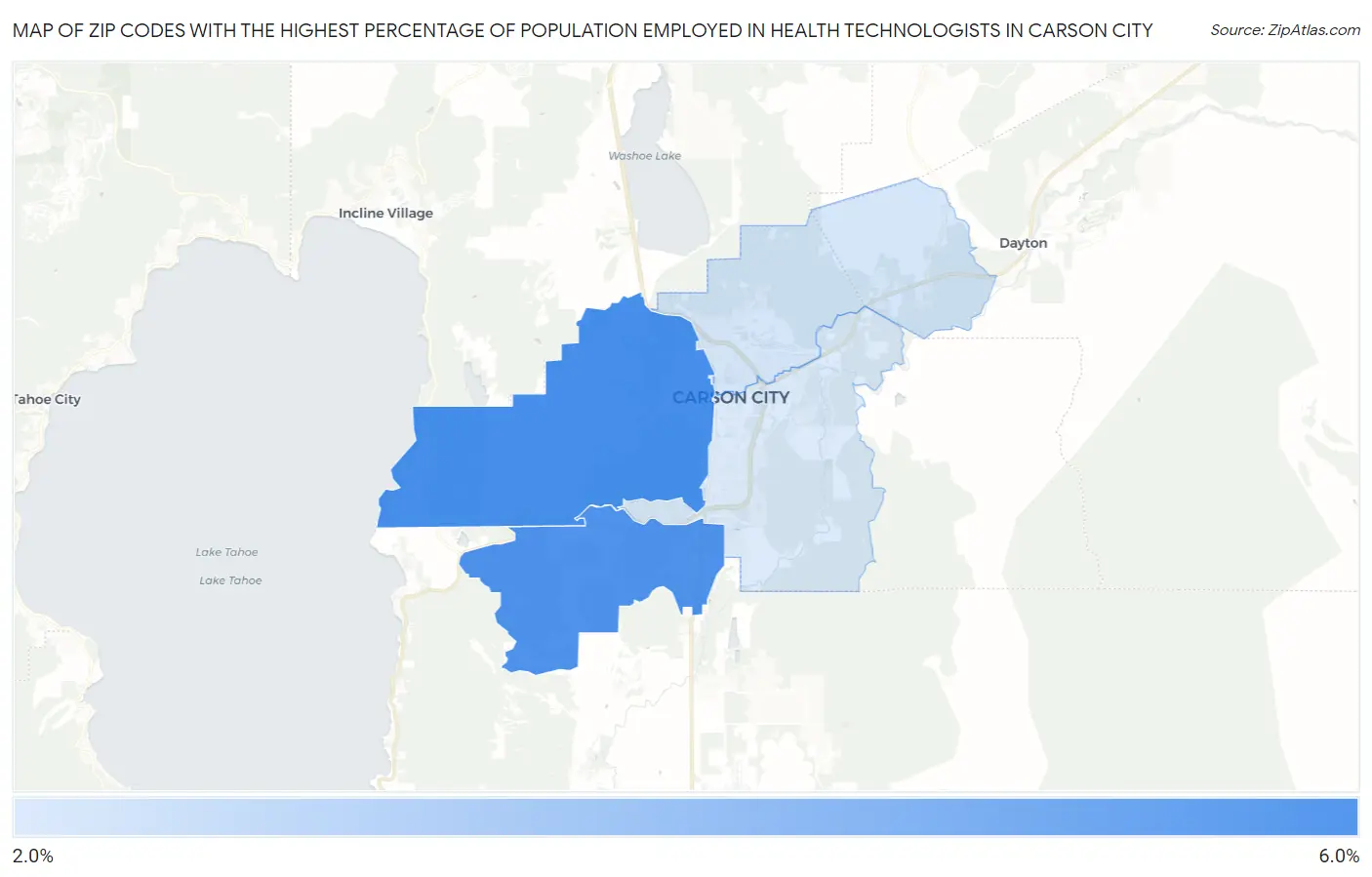 Zip Codes with the Highest Percentage of Population Employed in Health Technologists in Carson City Map