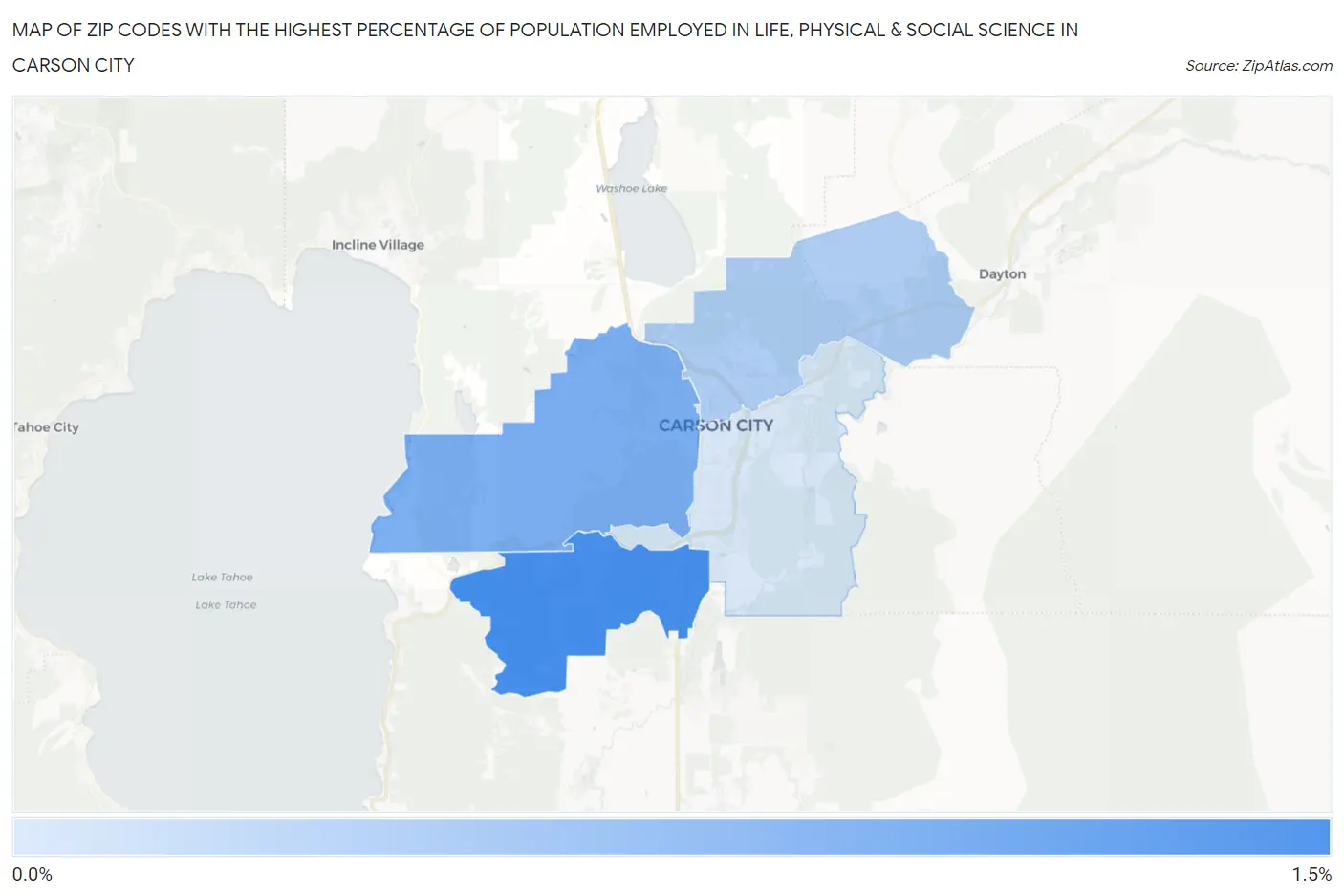Zip Codes with the Highest Percentage of Population Employed in Life, Physical & Social Science in Carson City Map