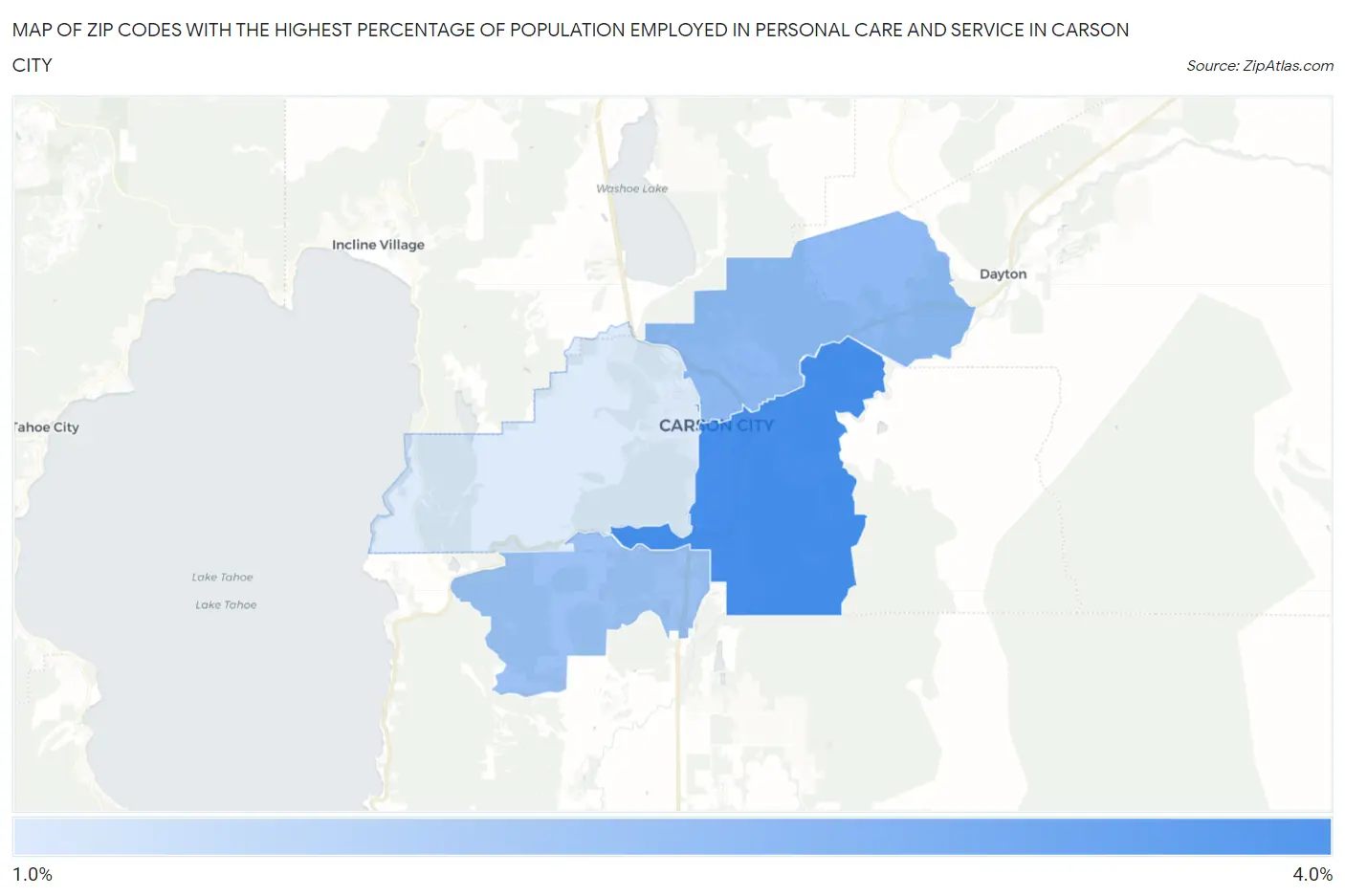 Zip Codes with the Highest Percentage of Population Employed in Personal Care and Service in Carson City Map