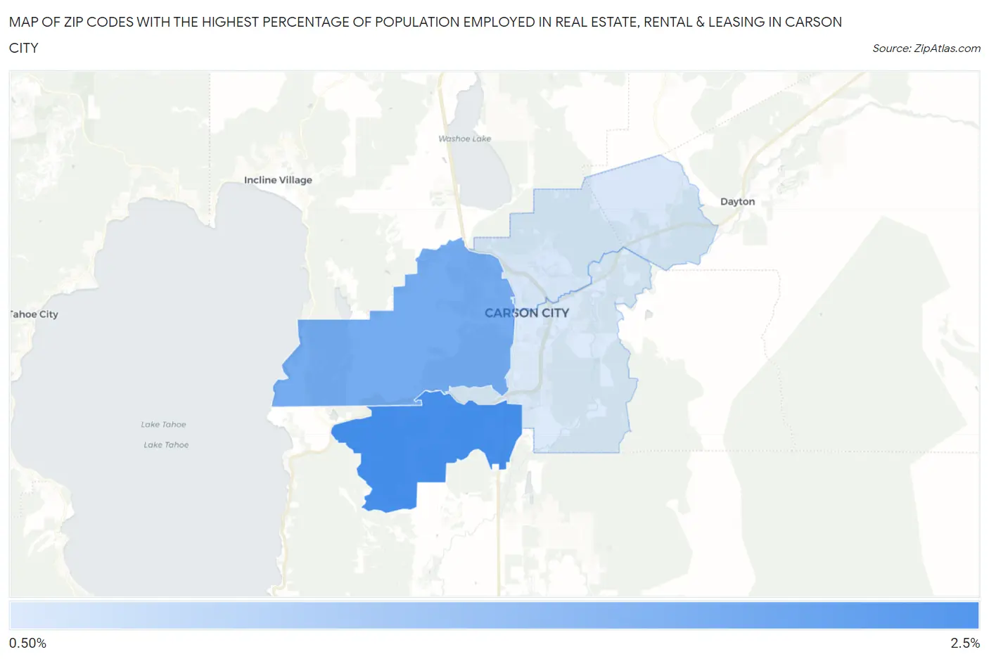 Zip Codes with the Highest Percentage of Population Employed in Real Estate, Rental & Leasing in Carson City Map